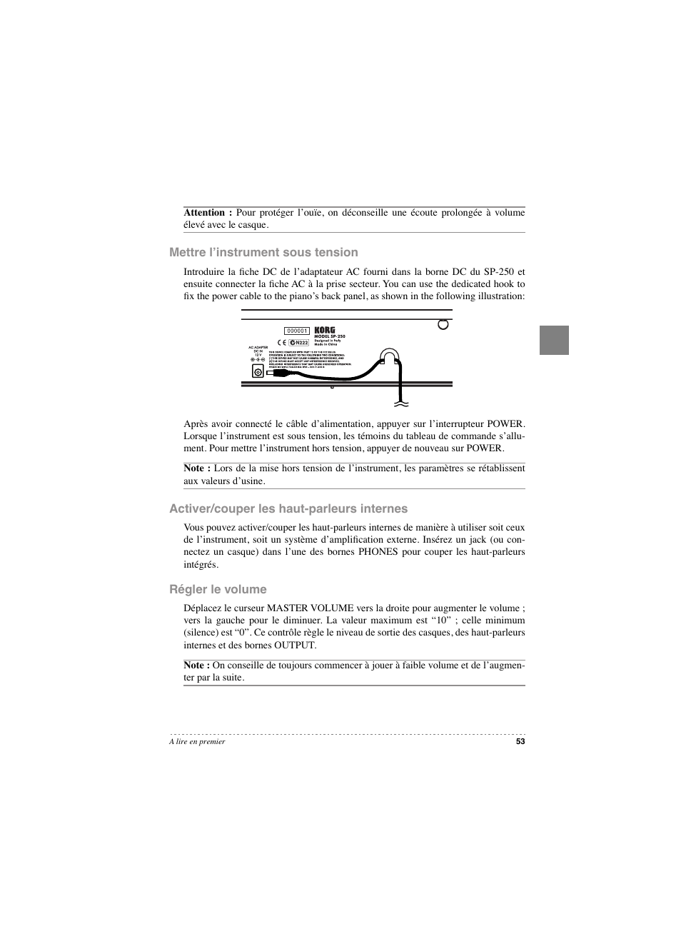 Mettre l’instrument sous tension, Activer/couper les haut-parleurs internes, Régler le volume | KORG SP 250 User Manual | Page 55 / 184