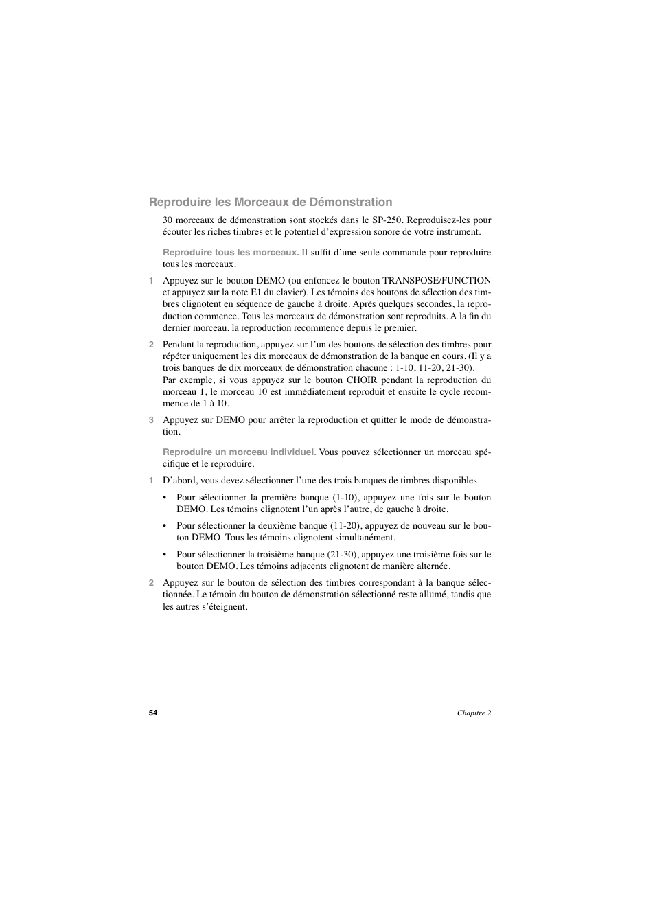 Reproduire les morceaux de démonstration | KORG SP 250 User Manual | Page 56 / 184