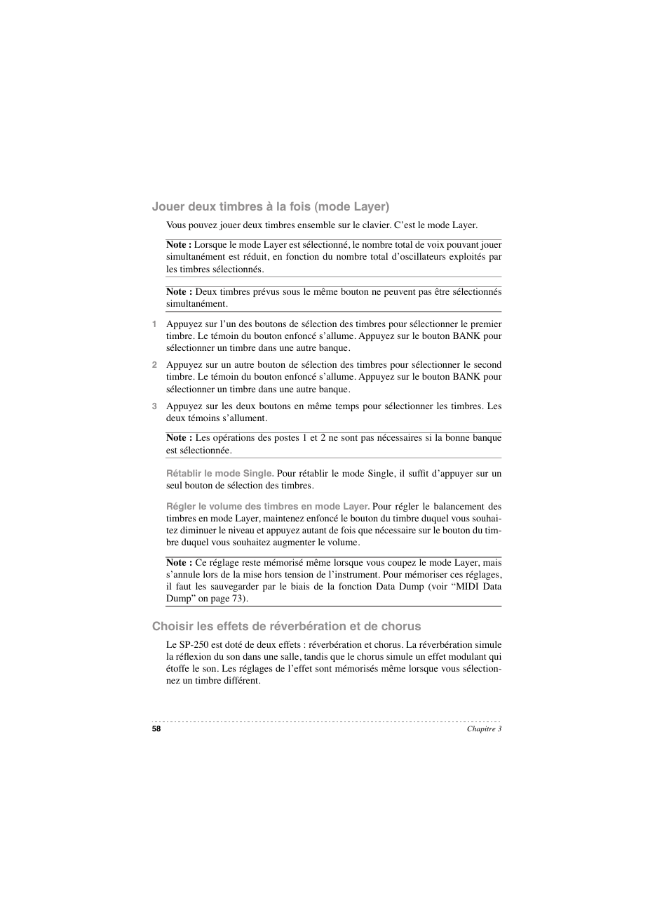 Jouer deux timbres à la fois (mode layer), Choisir les effets de réverbération et de chorus | KORG SP 250 User Manual | Page 60 / 184