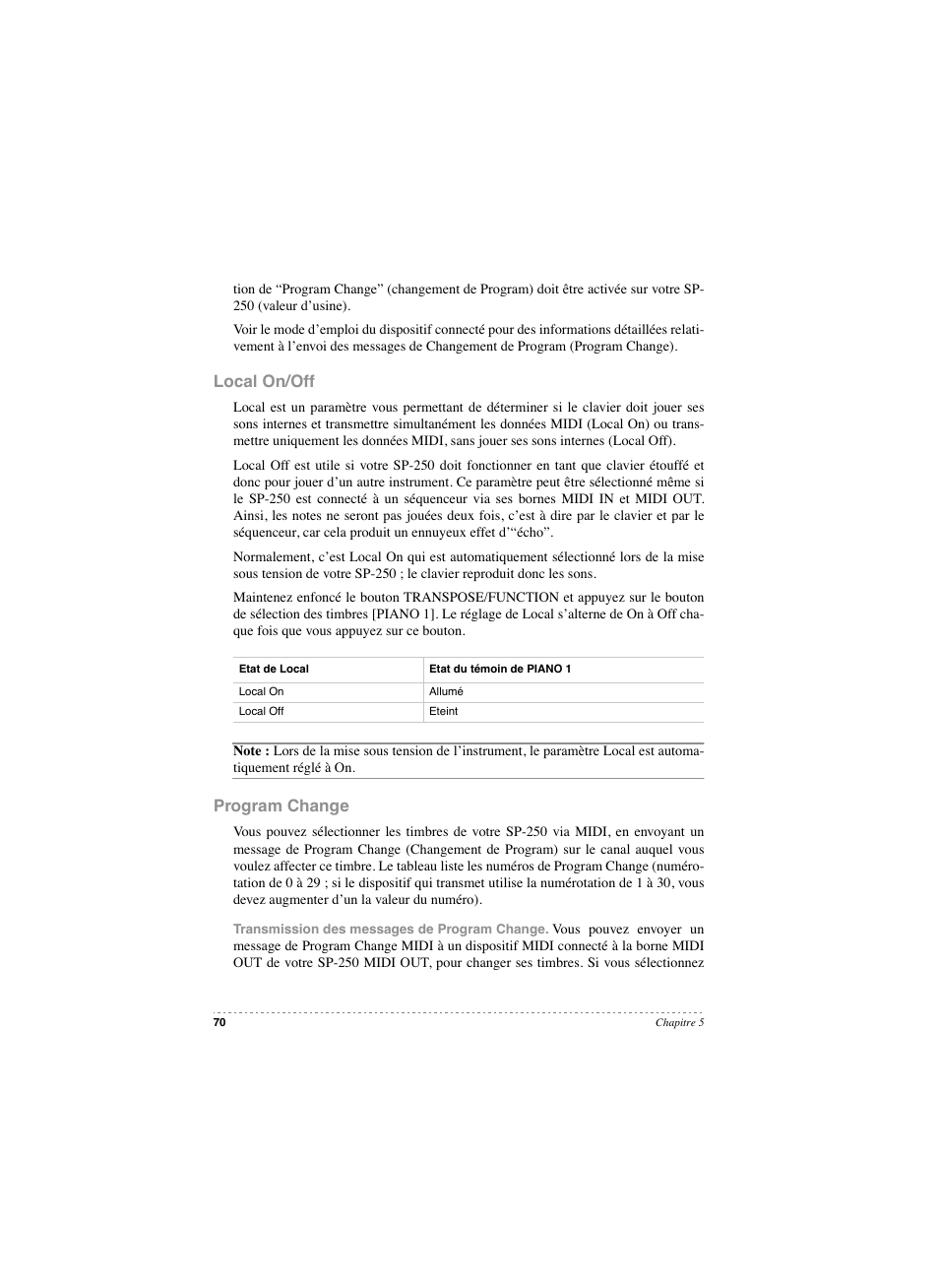 Local on/off, Program change, Local on/off program change | KORG SP 250 User Manual | Page 72 / 184