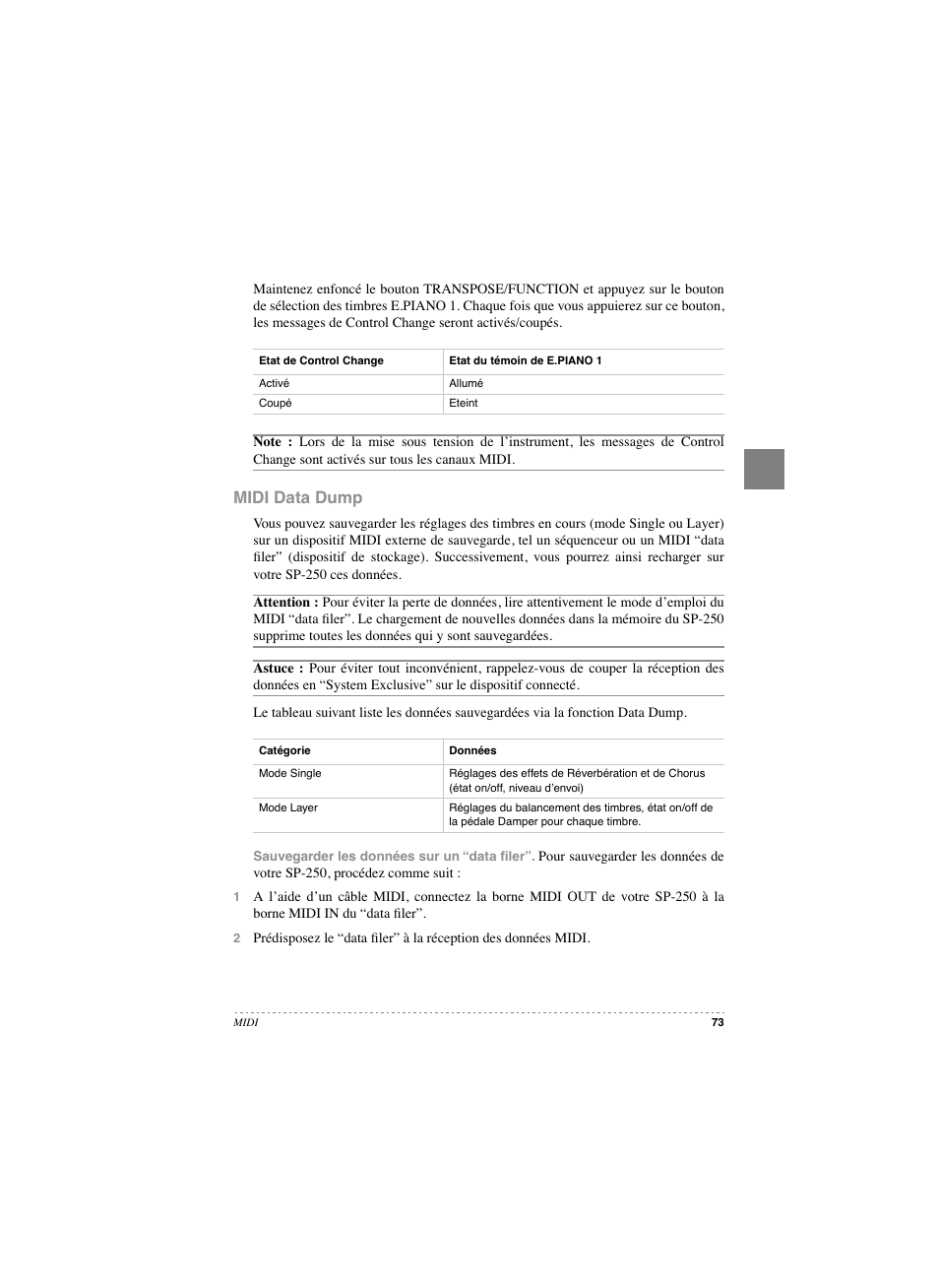Midi data dump | KORG SP 250 User Manual | Page 75 / 184