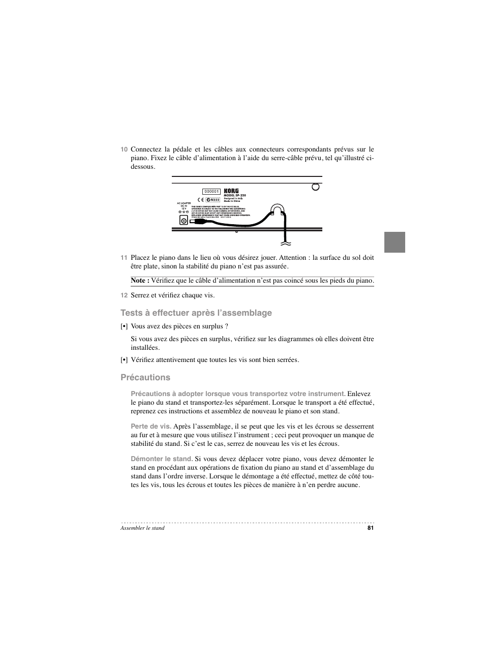 Tests à effectuer après l’assemblage, Précautions, Tests à effectuer après l’assemblage précautions | KORG SP 250 User Manual | Page 83 / 184