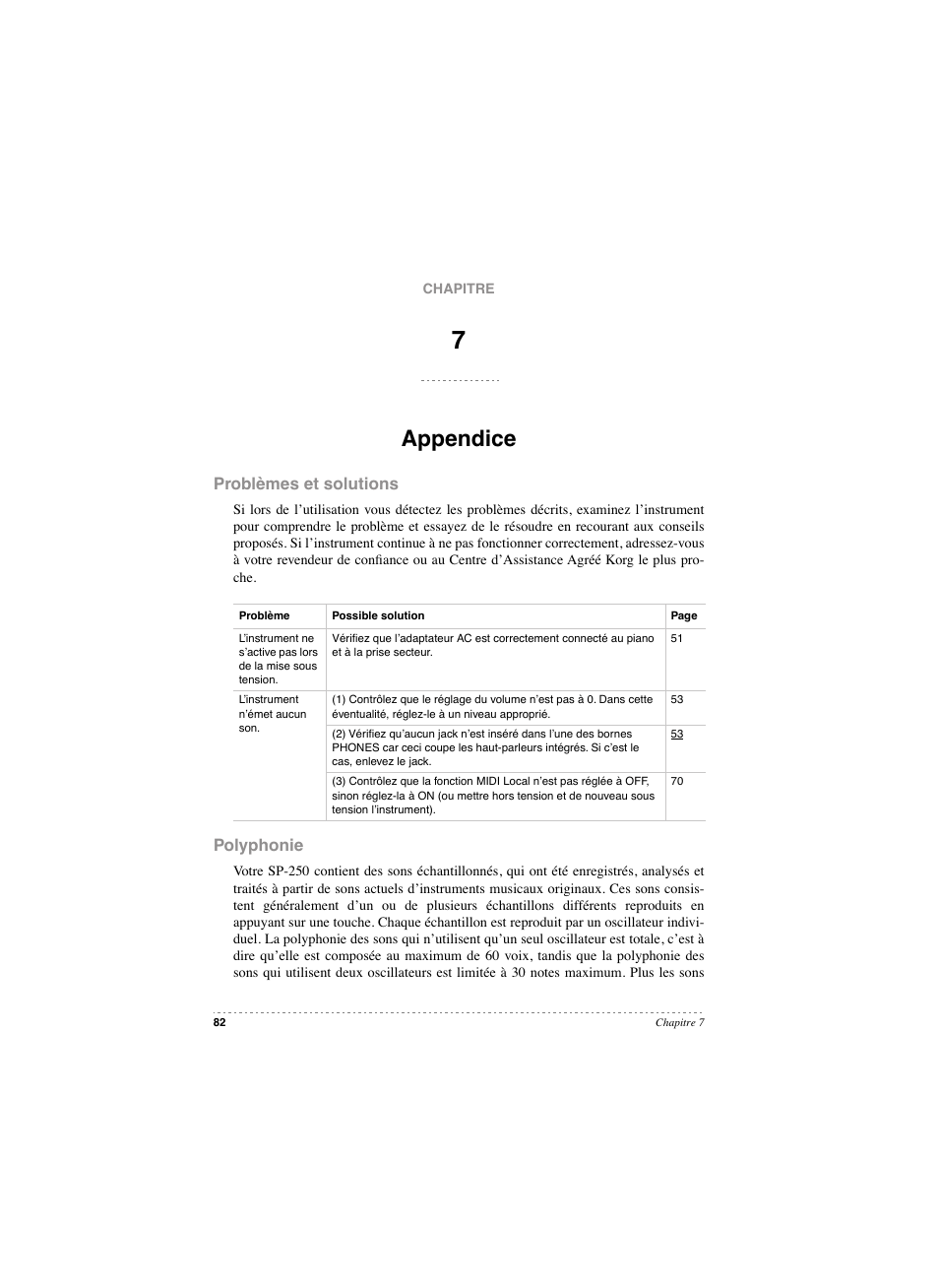 Appendice, Problèmes et solutions, Polyphonie | Appendice problèmes et solutions polyphonie | KORG SP 250 User Manual | Page 84 / 184