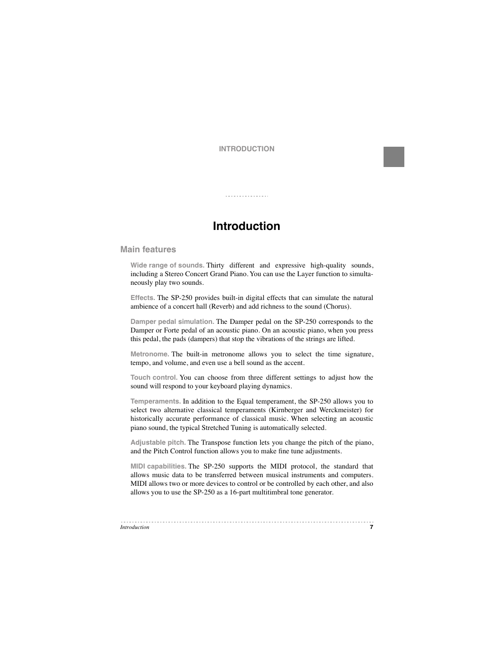 Introduction, Main features | KORG SP 250 User Manual | Page 9 / 184