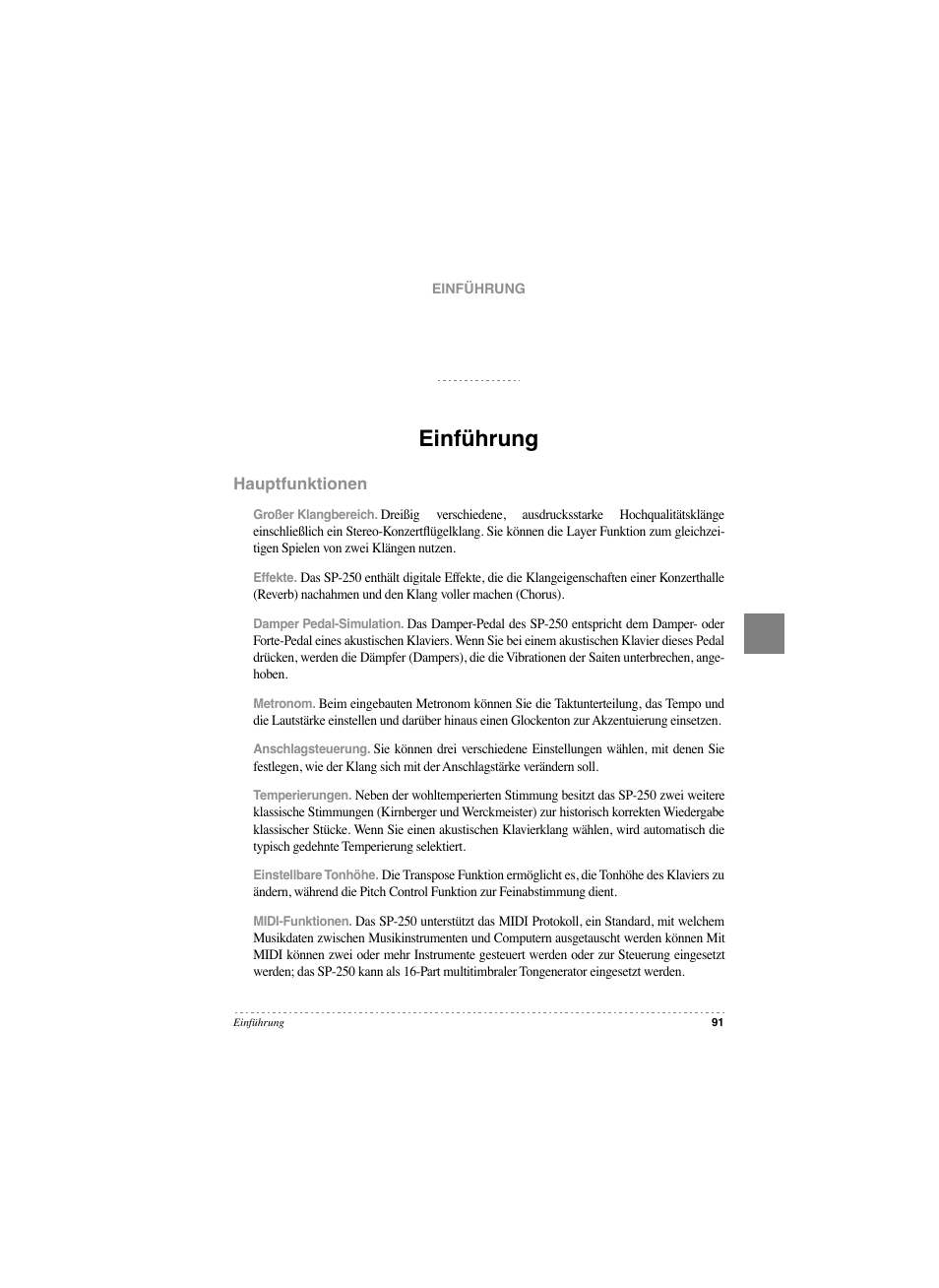 Einführung, Hauptfunktionen, Einführung hauptfunktionen | KORG SP 250 User Manual | Page 93 / 184