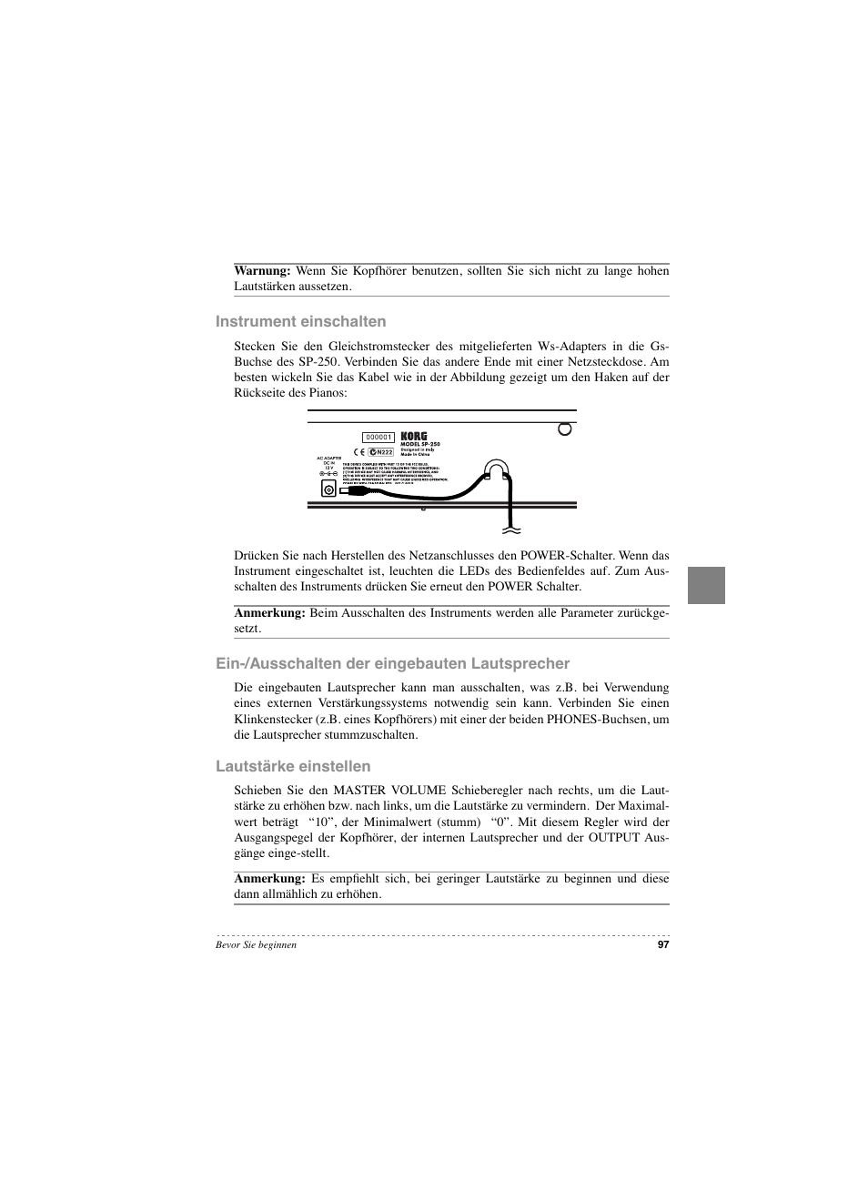 Instrument einschalten, Ein-/ausschalten der eingebauten lautsprecher, Lautstärke einstellen | KORG SP 250 User Manual | Page 99 / 184