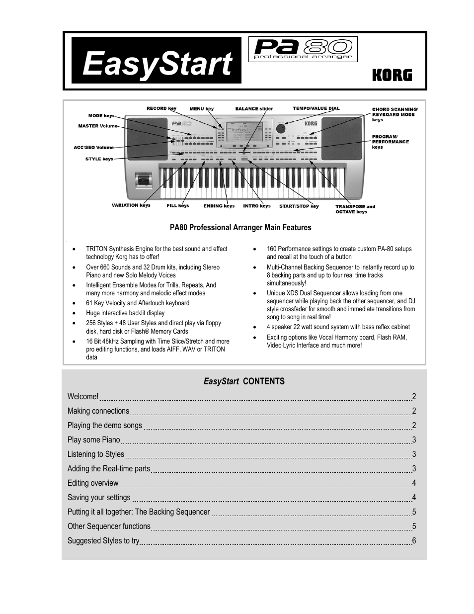 KORG EASY START PA80 User Manual | 6 pages