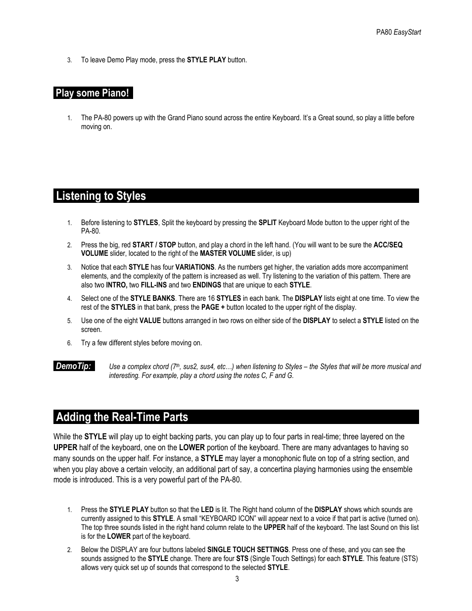 Listening to styles, Adding the real-time parts, Play some piano | KORG EASY START PA80 User Manual | Page 3 / 6