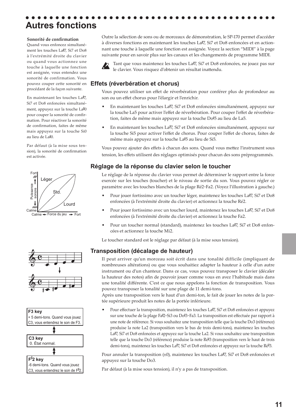 Autres fonctions, Effets (réverbération et chorus), Réglage de la réponse du clavier selon le toucher | Transposition (décalage de hauteur) | KORG Digital Piano SP-170 User Manual | Page 11 / 21
