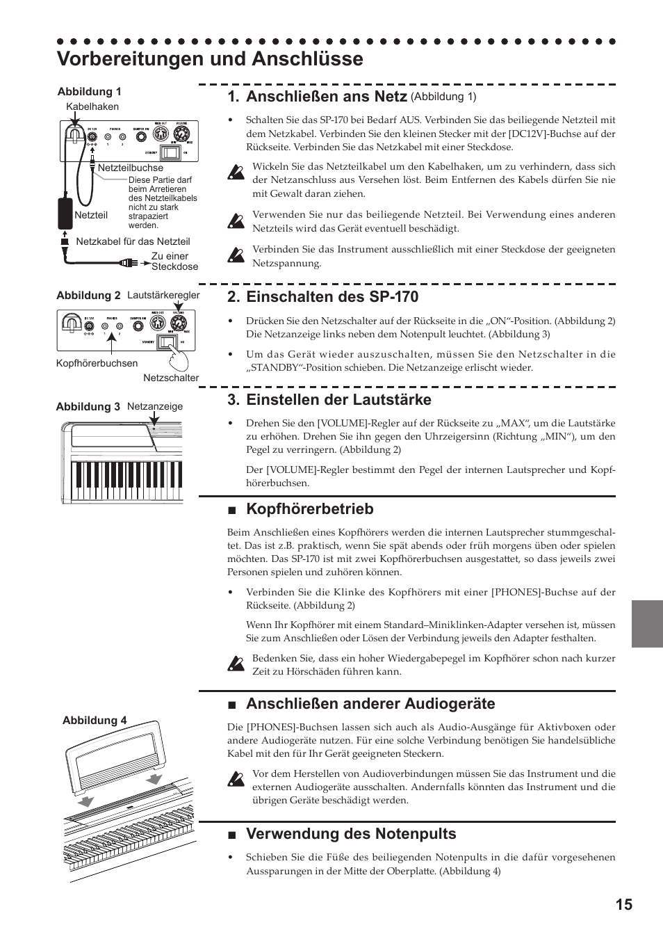 Deutsch, Vorbereitungen und anschlüsse, Anschließen ans netz | Einschalten des sp-170, Einstellen der lautstärke, Kopfhörerbetrieb, Anschließen anderer audiogeräte | KORG Digital Piano SP-170 User Manual | Page 15 / 21