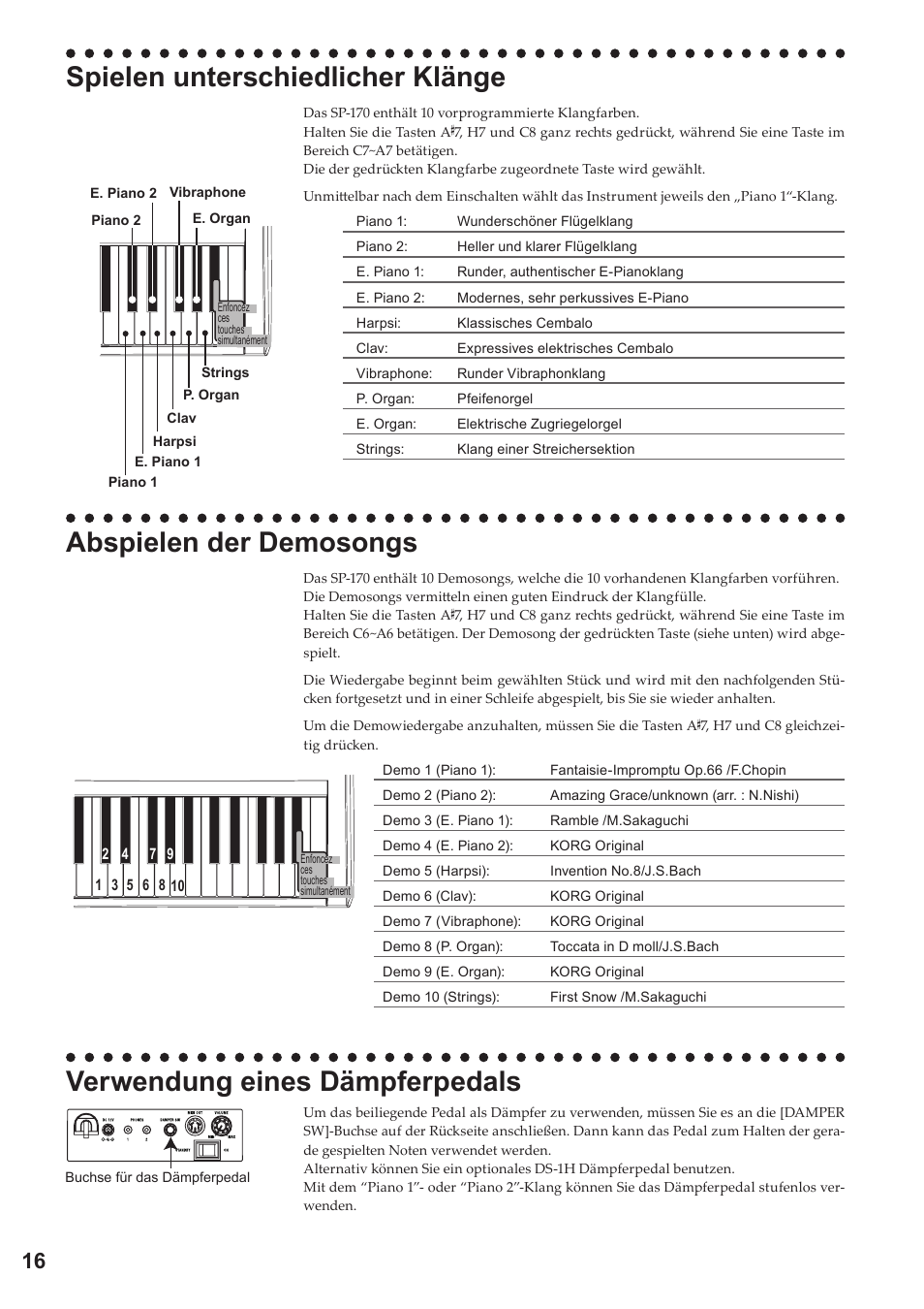 Spielen unterschiedlicher klänge, Abspielen der demosongs, Verwendung eines dämpferpedals | KORG Digital Piano SP-170 User Manual | Page 16 / 21