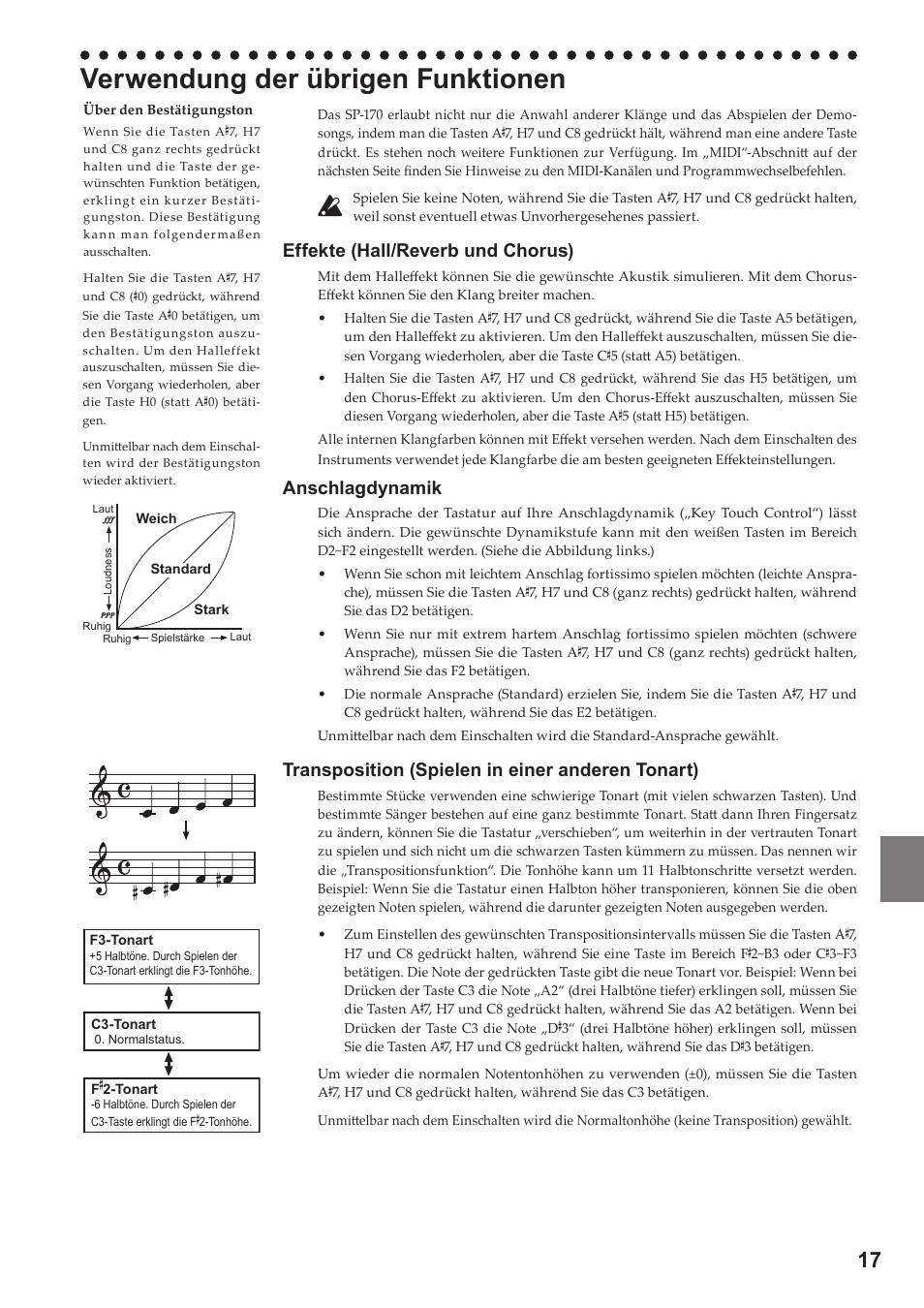 Verwendung der übrigen funktionen, Effekte (hall/reverb und chorus), Anschlagdynamik | Transposition (spielen in einer anderen tonart) | KORG Digital Piano SP-170 User Manual | Page 17 / 21