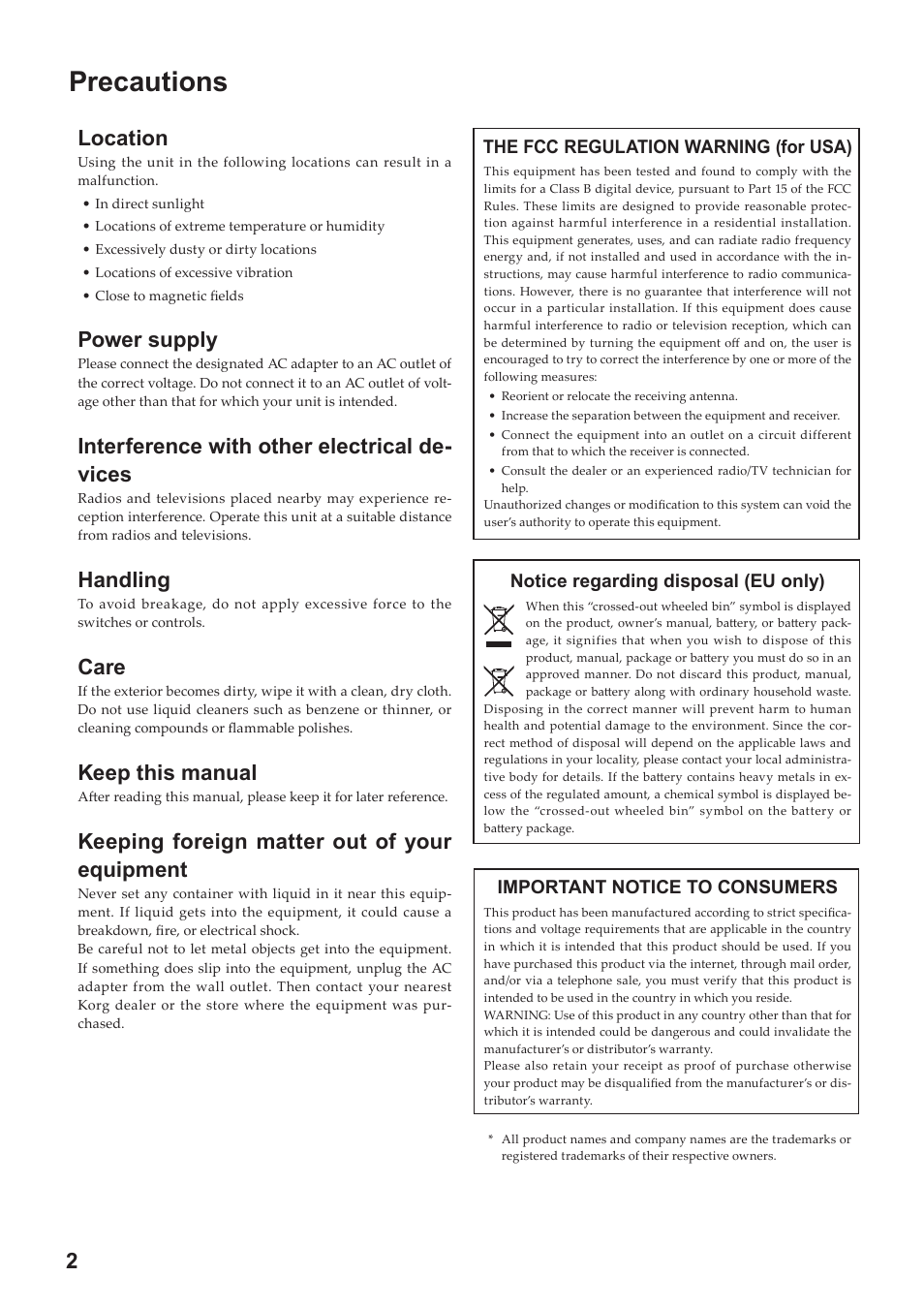 Precautions, Location, Power supply | Interference with other electrical de- vices, Handling, Care, Keep this manual, Keeping foreign matter out of your equipment | KORG Digital Piano SP-170 User Manual | Page 2 / 21