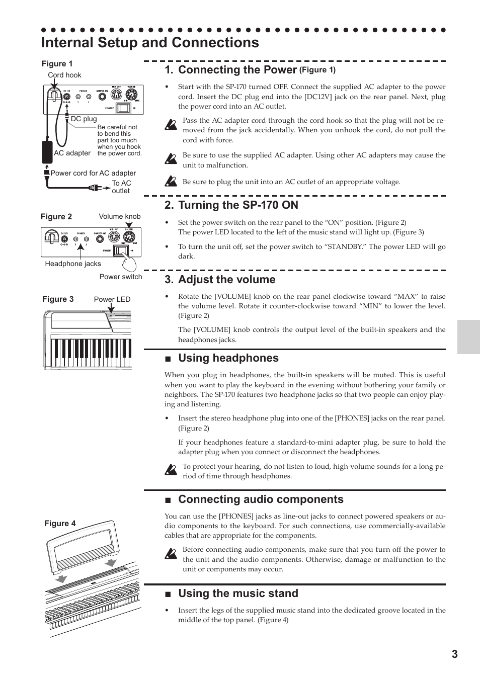 English, Internal setup and connections, Connecting the power | Turning the sp-170 on, Adjust the volume, Using headphones, Connecting audio components, Using the music stand | KORG Digital Piano SP-170 User Manual | Page 3 / 21
