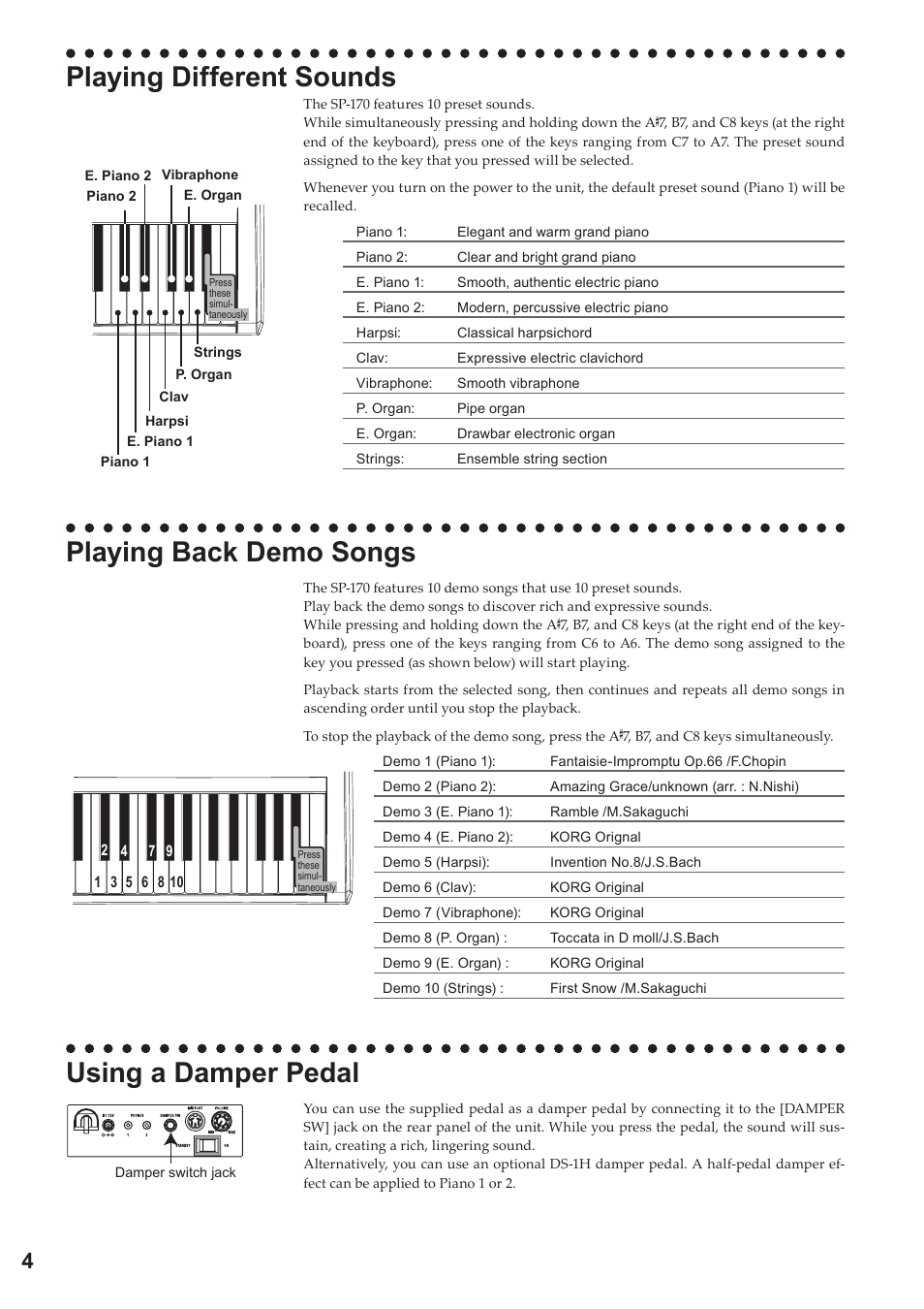 Playing different sounds, Playing back demo songs, Using a damper pedal | KORG Digital Piano SP-170 User Manual | Page 4 / 21