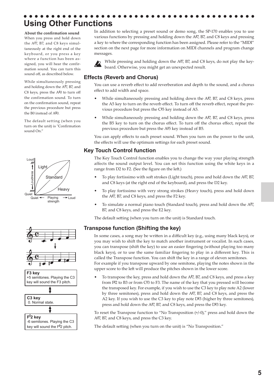 Using other functions, Effects (reverb and chorus), Key touch control function | Transpose function (shifting the key) | KORG Digital Piano SP-170 User Manual | Page 5 / 21