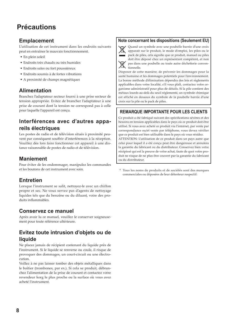 Précautions, Emplacement, Alimentation | Maniement, Entretien, Conservez ce manuel, Evitez toute intrusion d’objets ou de liquide | KORG Digital Piano SP-170 User Manual | Page 8 / 21