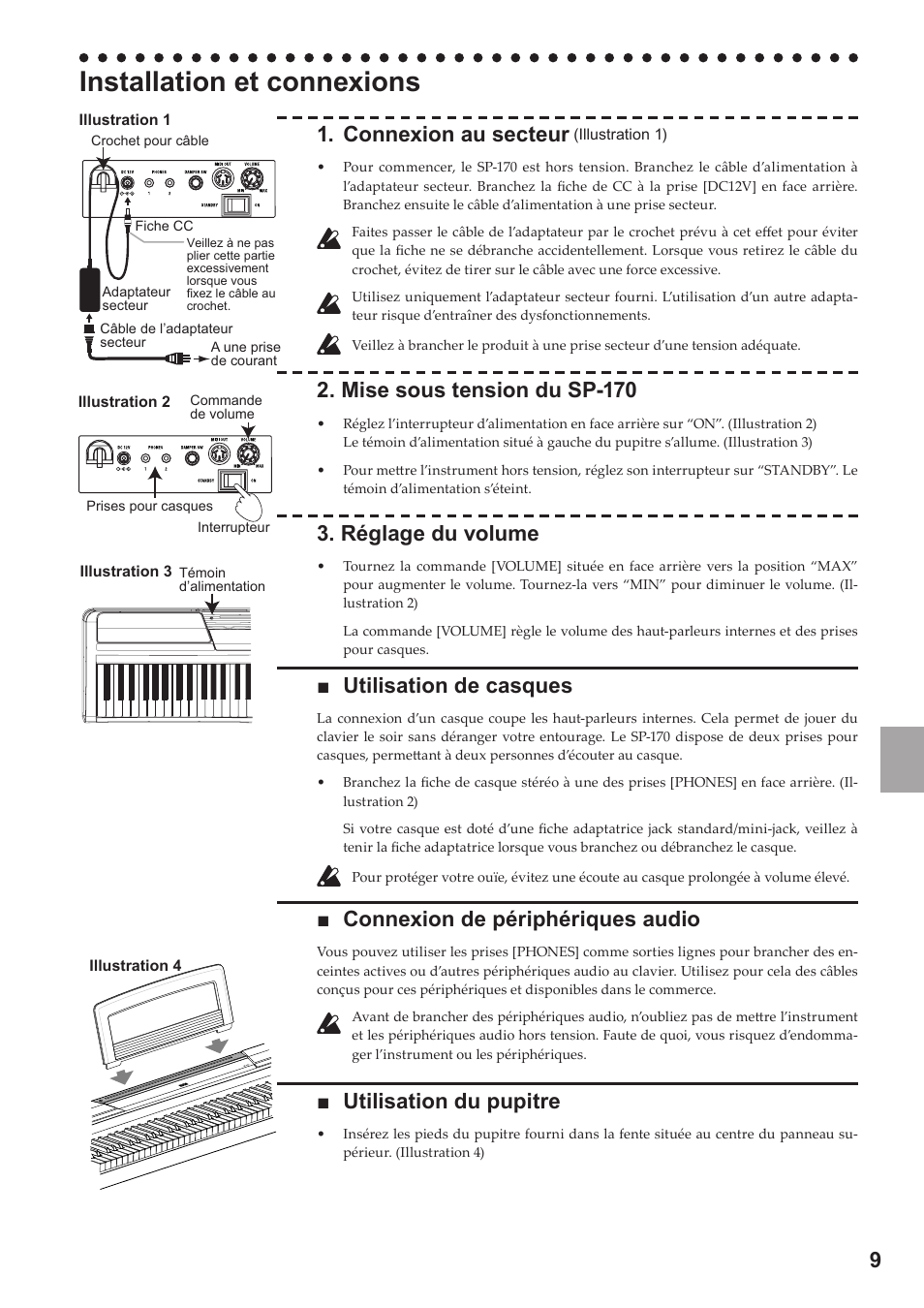 Français, Installation et connexions, Connexion au secteur | Mise sous tension du sp-170, Réglage du volume, Utilisation de casques, Connexion de périphériques audio, Utilisation du pupitre | KORG Digital Piano SP-170 User Manual | Page 9 / 21