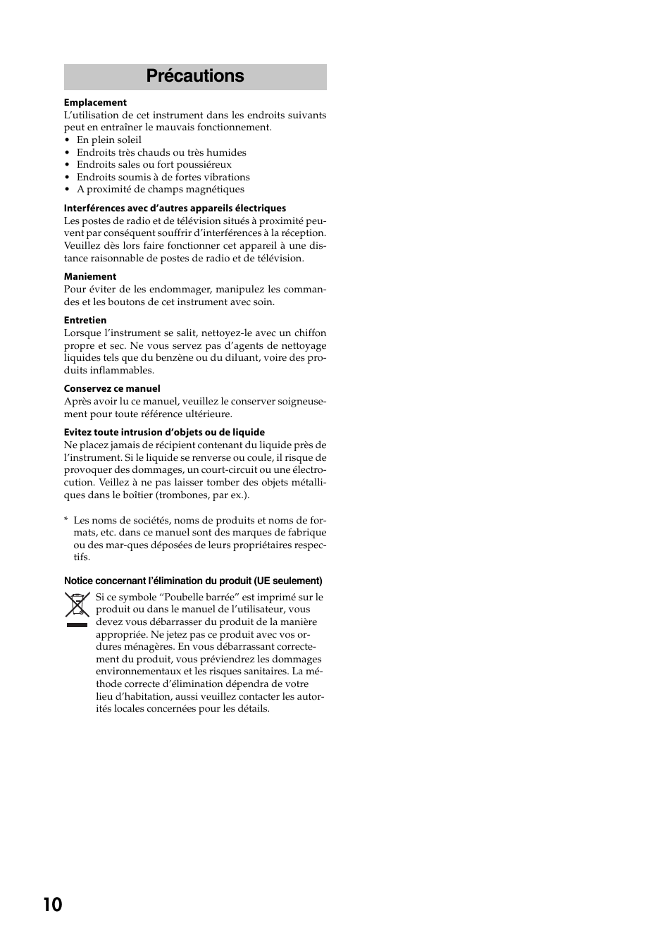 Français, 10 précautions | KORG 73 key User Manual | Page 10 / 24