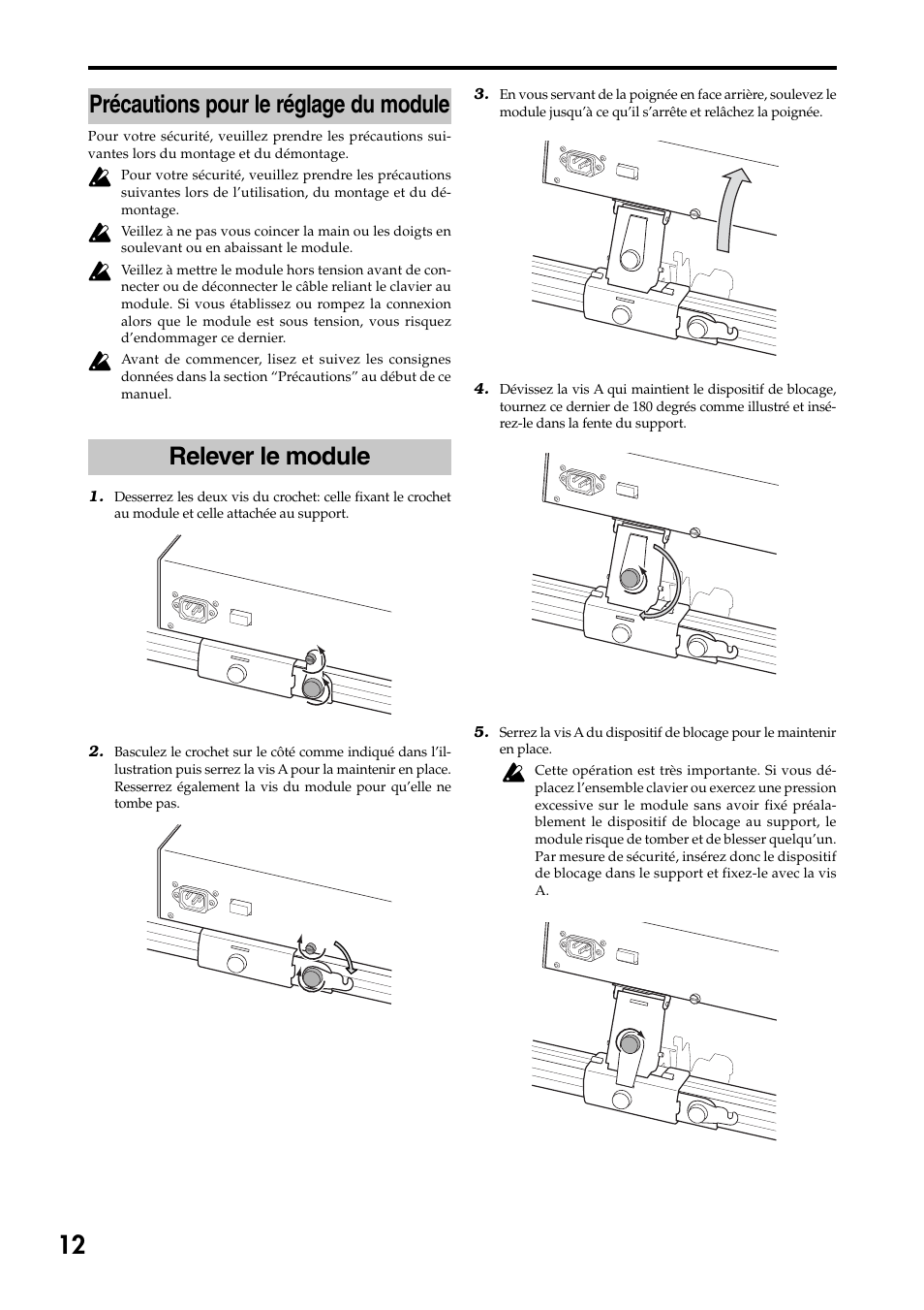 12 précautions pour le réglage du module, Relever le module | KORG 73 key User Manual | Page 12 / 24