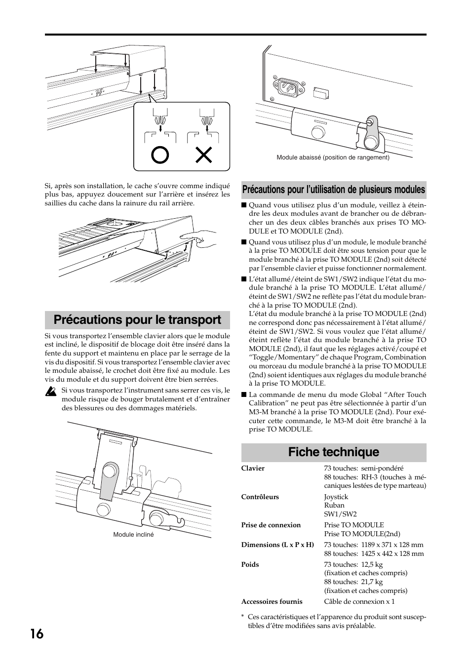 Précautions pour le transport, Fiche technique | KORG 73 key User Manual | Page 16 / 24