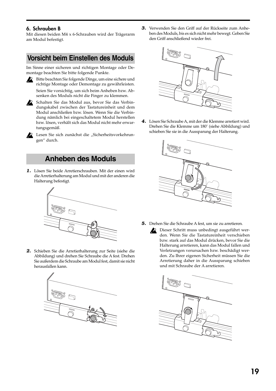 Vorsicht beim einstellen des moduls, Anheben des moduls | KORG 73 key User Manual | Page 19 / 24