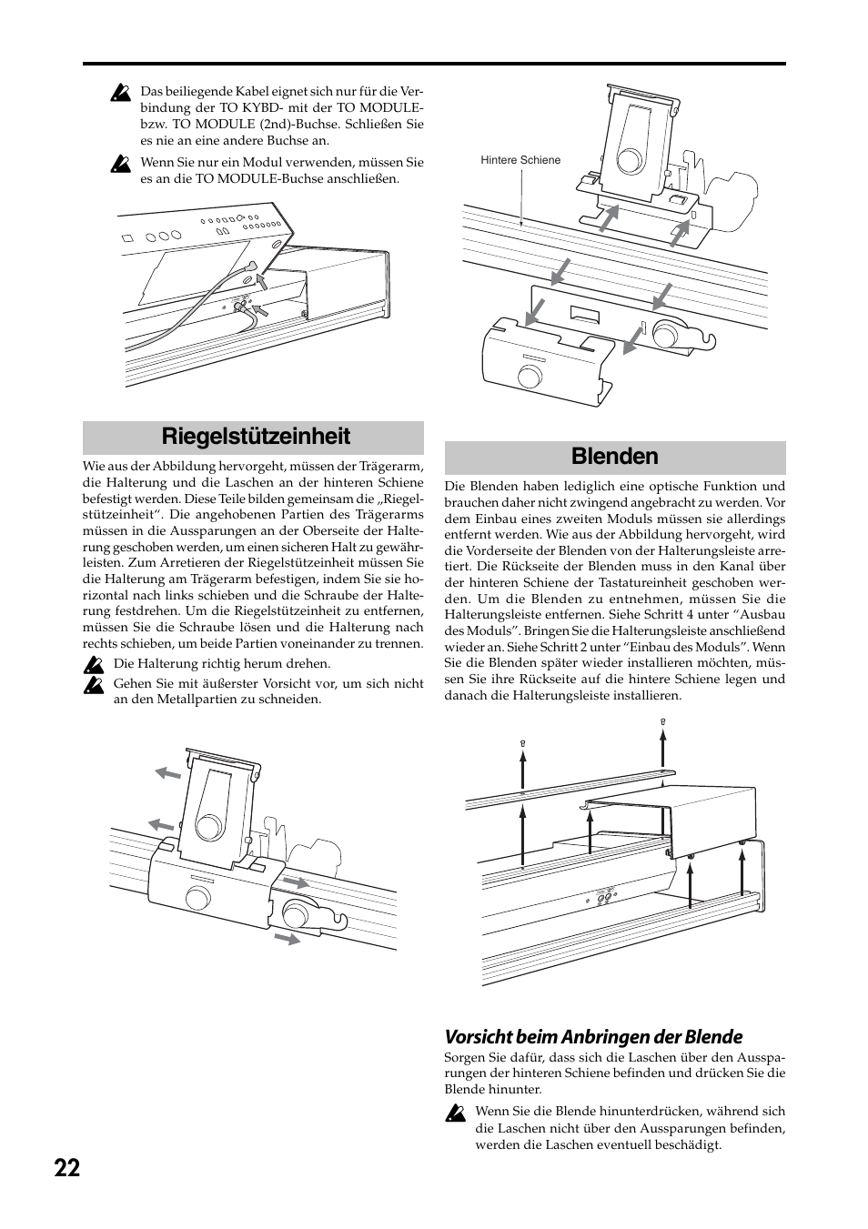 Riegelstützeinheit, Blenden, Vorsicht beim anbringen der blende | KORG 73 key User Manual | Page 22 / 24