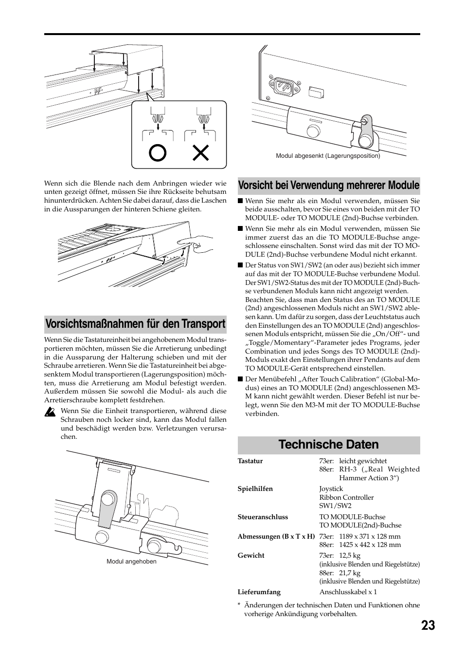 Vorsichtsmaßnahmen für den transport, Technische daten, Vorsicht bei verwendung mehrerer module | KORG 73 key User Manual | Page 23 / 24