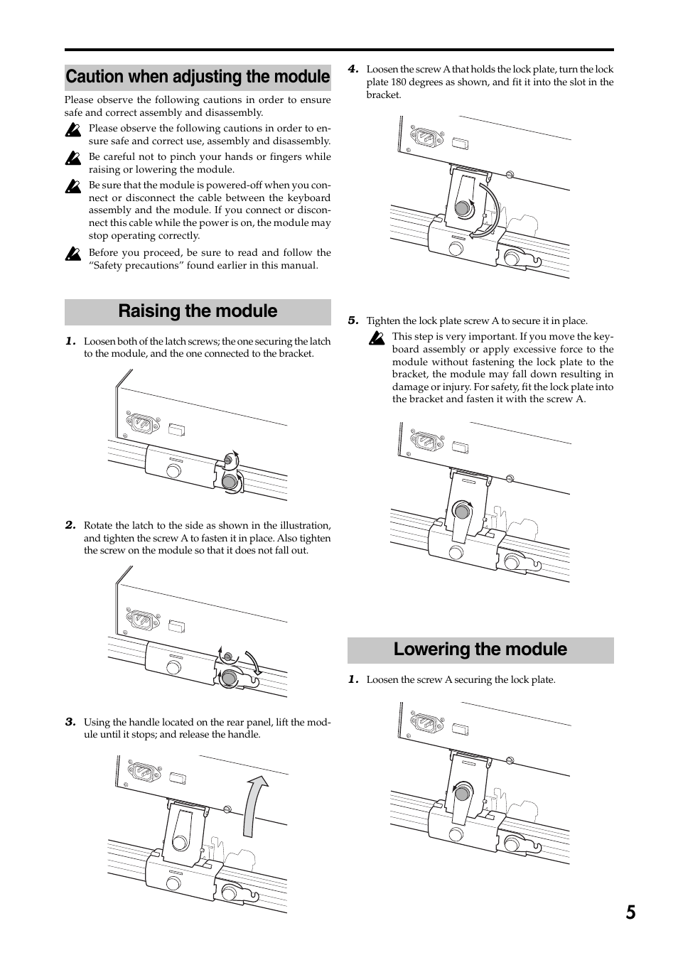 5caution when adjusting the module, Raising the module, Lowering the module | KORG 73 key User Manual | Page 5 / 24