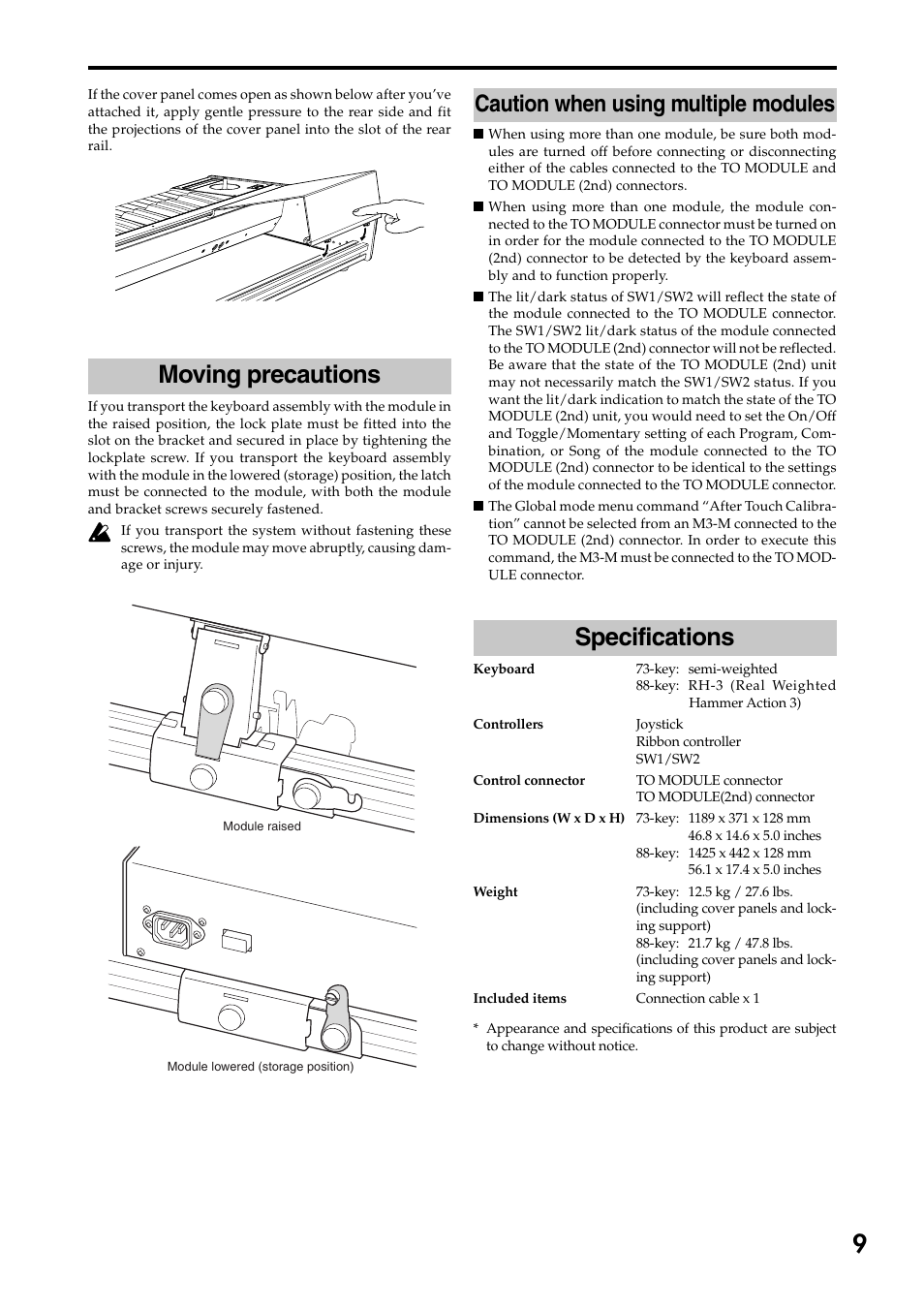 Moving precautions, Specifications, Caution when using multiple modules | KORG 73 key User Manual | Page 9 / 24