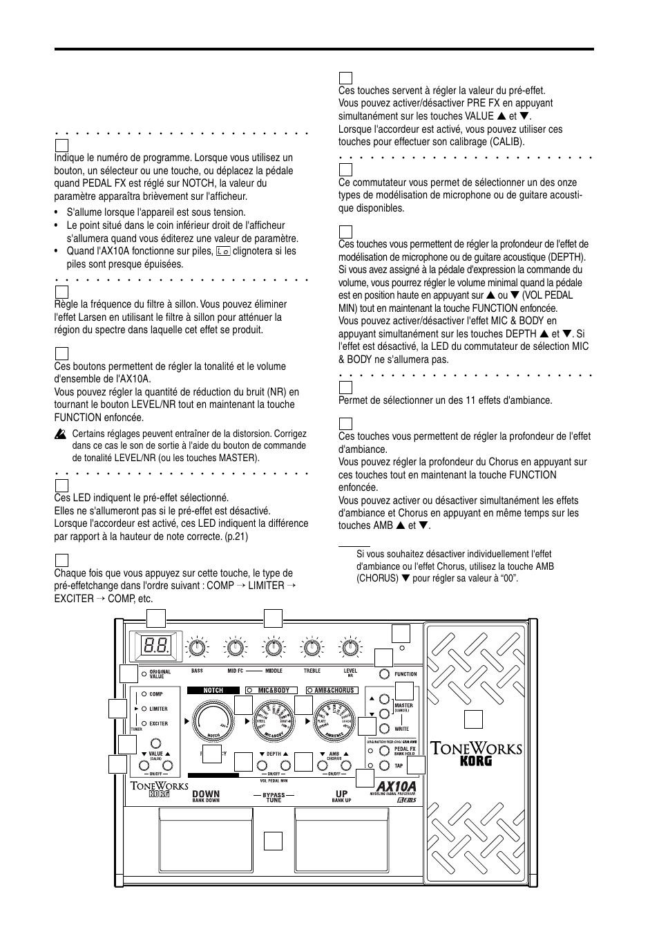 Nomenclature et fonctions, Panneau avant, Afficheur | Sélecteur notch, Boutons de commande de tonalité, Led pre fx (tuner), Touche pre fx button, Touches value (calib) –on/off, Commutateur de sélection mic & body, Touches depth (vol pedal min) –on/off | KORG AX10A User Manual | Page 17 / 39
