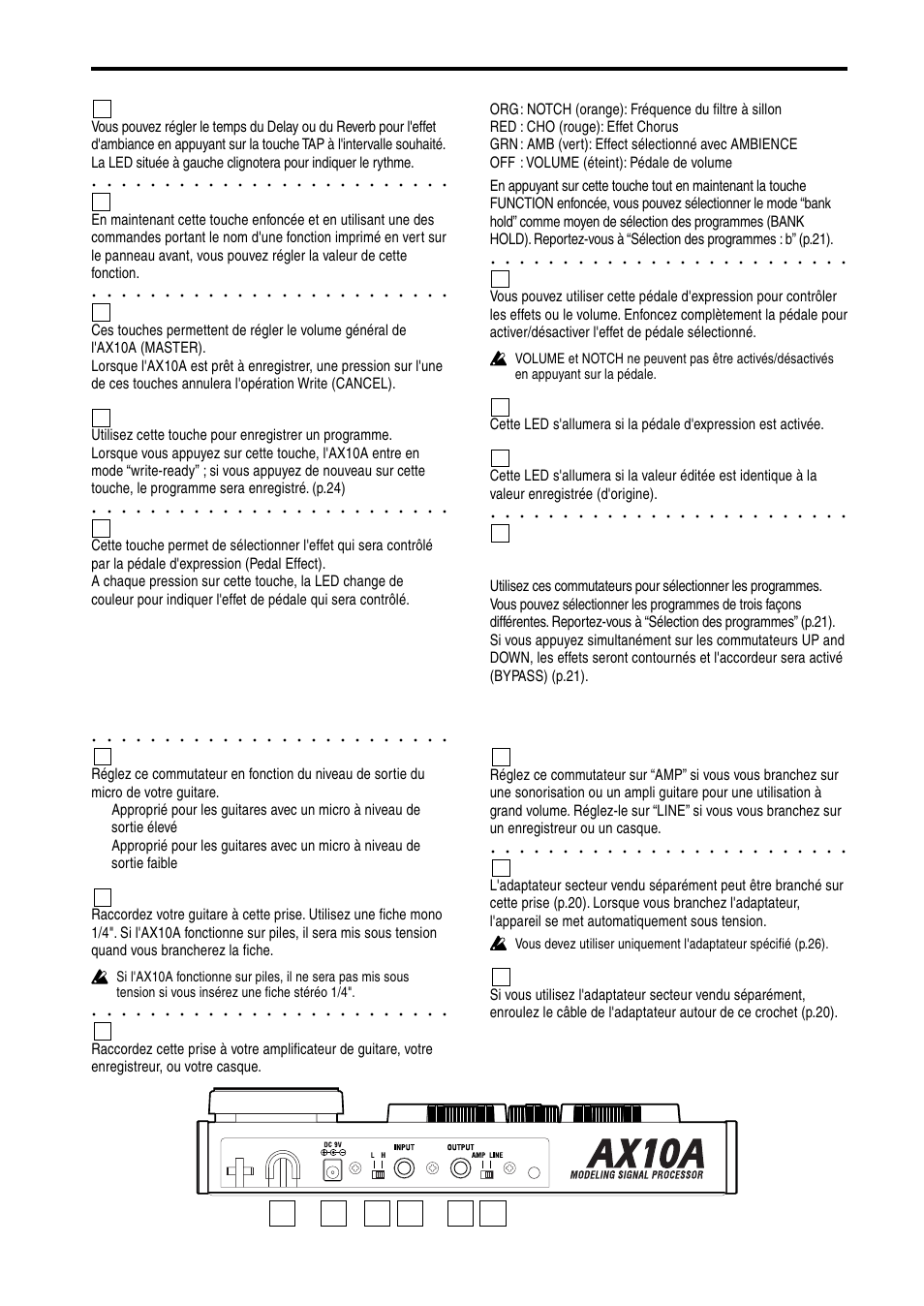 Panneau arrière, Touche tap, Touche function | Touches master (cancel), Touche write, Touche pedal fx/bank hold, Pédale d'expression, Led pedal, Led original value, Commutateur de sélection input l/h | KORG AX10A User Manual | Page 18 / 39