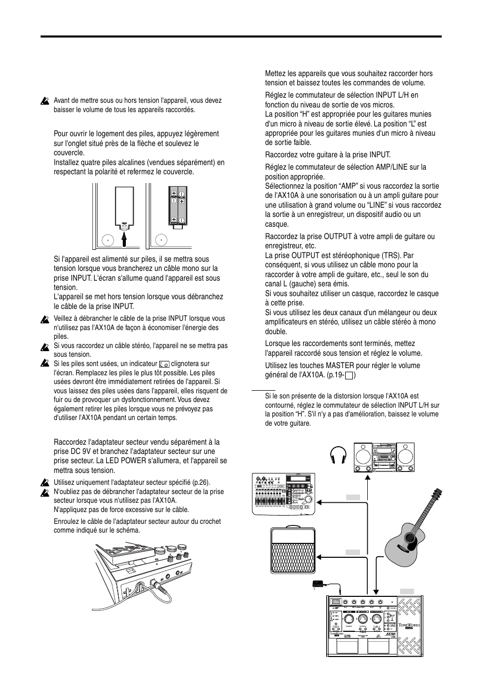 Configuration, Mise sous/hors tension, Raccordements | KORG AX10A User Manual | Page 19 / 39