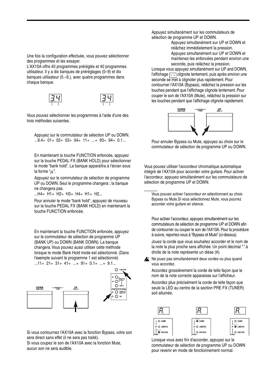 Utilisation de l'ax10a, Sélection des programmes, Bypass et mute | Accordeur | KORG AX10A User Manual | Page 20 / 39