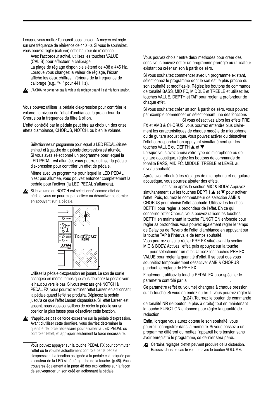 Utilisation de la pédale d'expression, Création de sons, Création de sons sur l'ax10a | KORG AX10A User Manual | Page 21 / 39