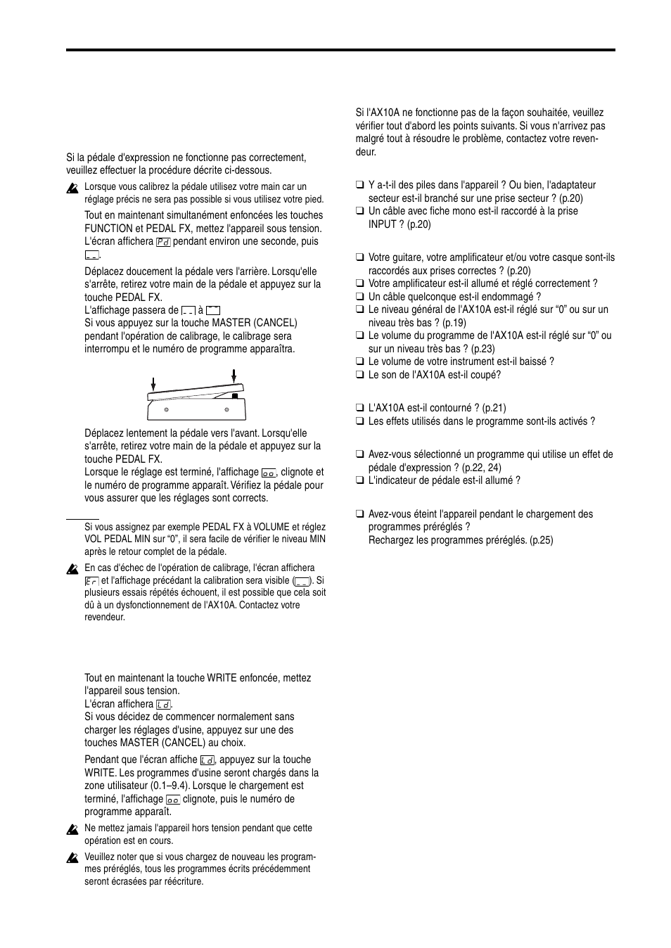 Autres fonctions, Calibrage de la pédale d'expression, Guide de dépannage | KORG AX10A User Manual | Page 24 / 39