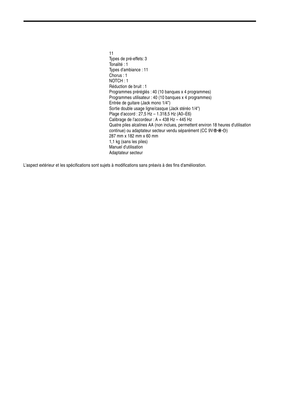Principales spécifications | KORG AX10A User Manual | Page 25 / 39