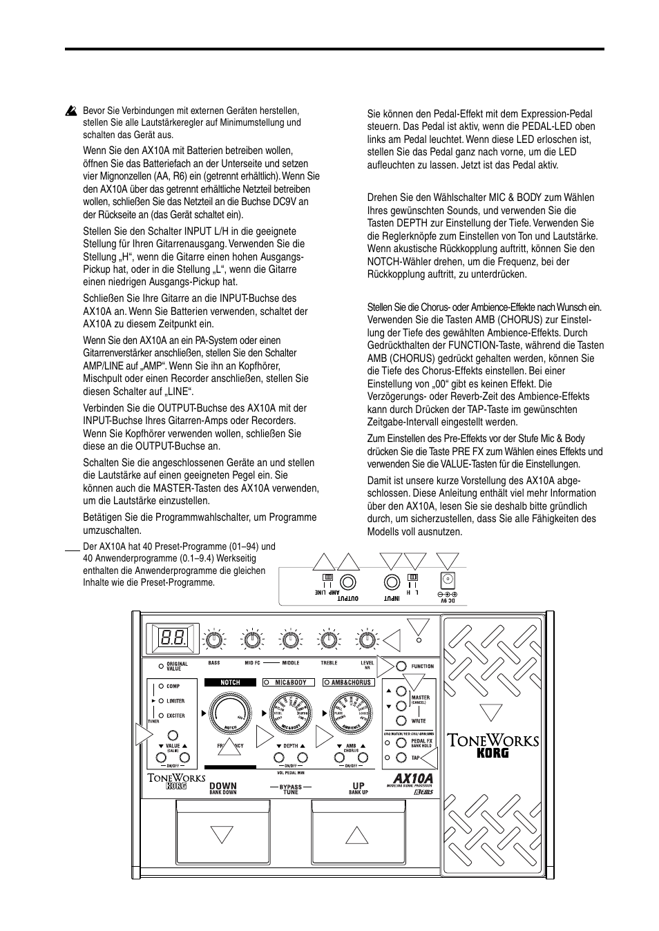Schneller start | KORG AX10A User Manual | Page 28 / 39