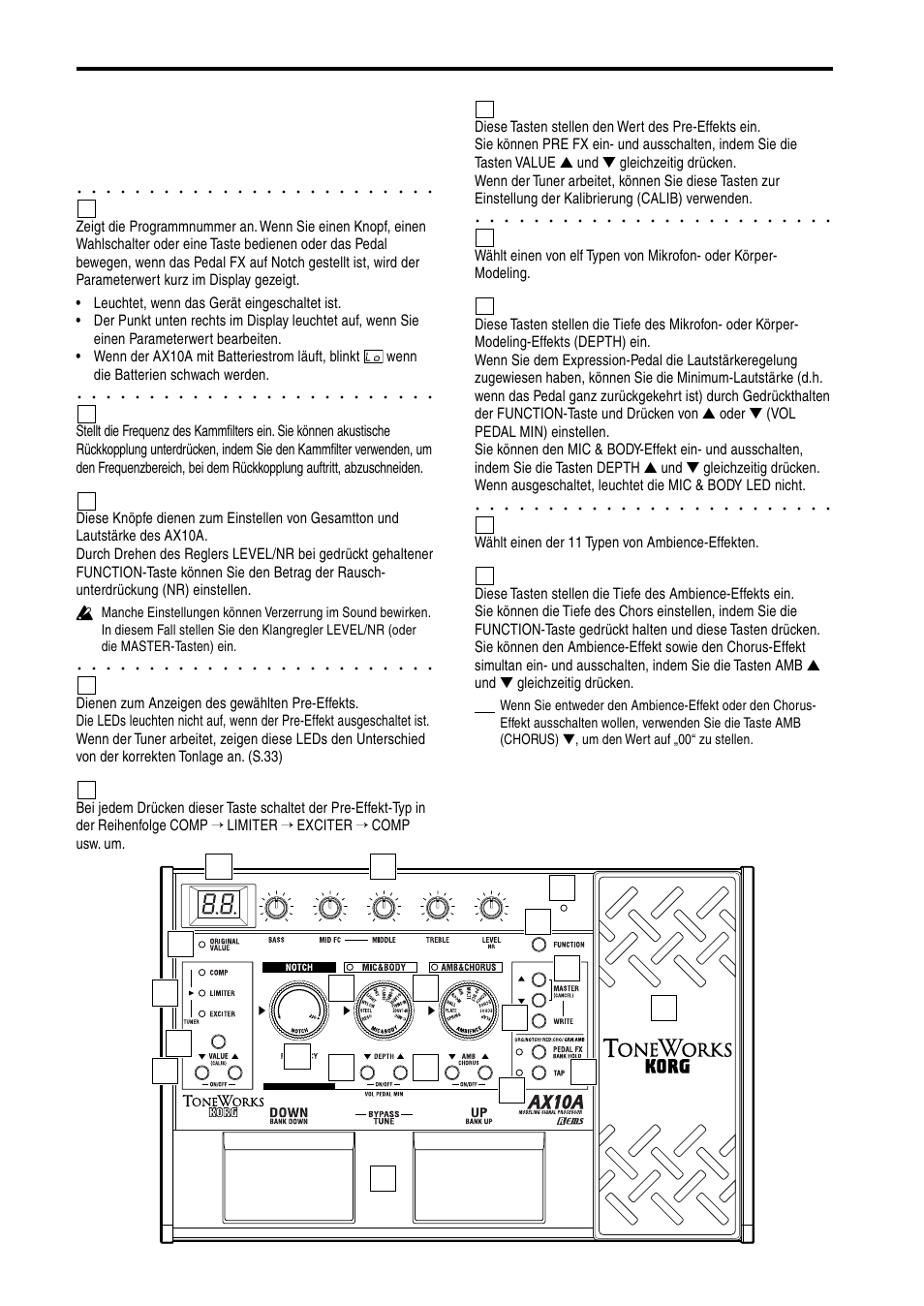 Teile und ihre funktionen, Vorderseite, Display | Notch- wahlschalter, Klangreglerknopf, Pre fx (tuner) led, Pre fx-taste, Value (calib)-tasten –on/off, Mic & body-wahlschalter, Depth (vol pedal min)-tasten –on/off | KORG AX10A User Manual | Page 29 / 39