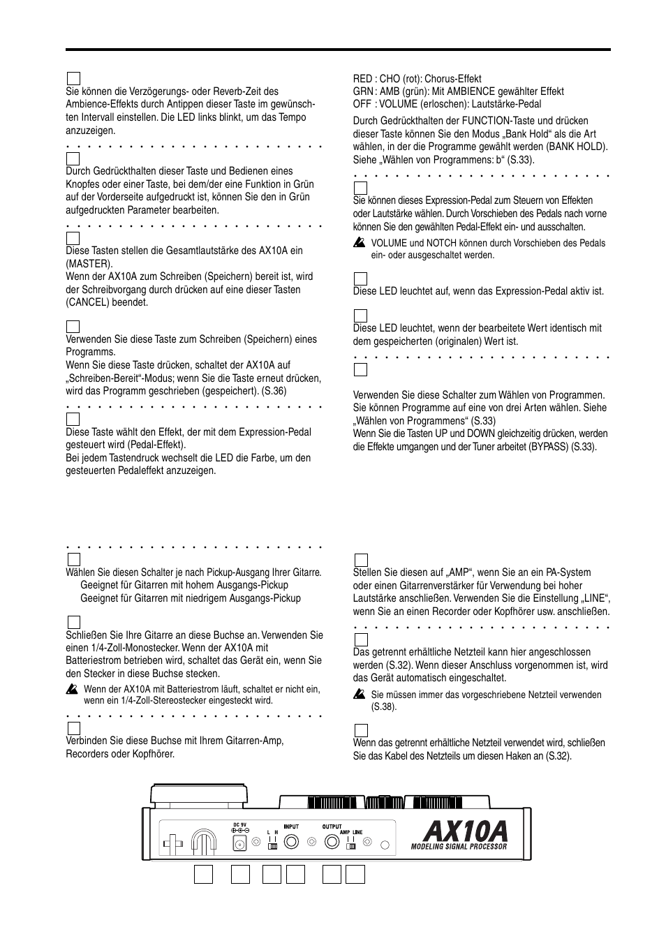 Rückseite, Tap-taste, Function-taste | Master (cancel)-tasten, Write-taste, Pedal fx/bank hold-taste, Expression-pedal, Pedal led, Original value led, Input l/h-wahlschalter | KORG AX10A User Manual | Page 30 / 39