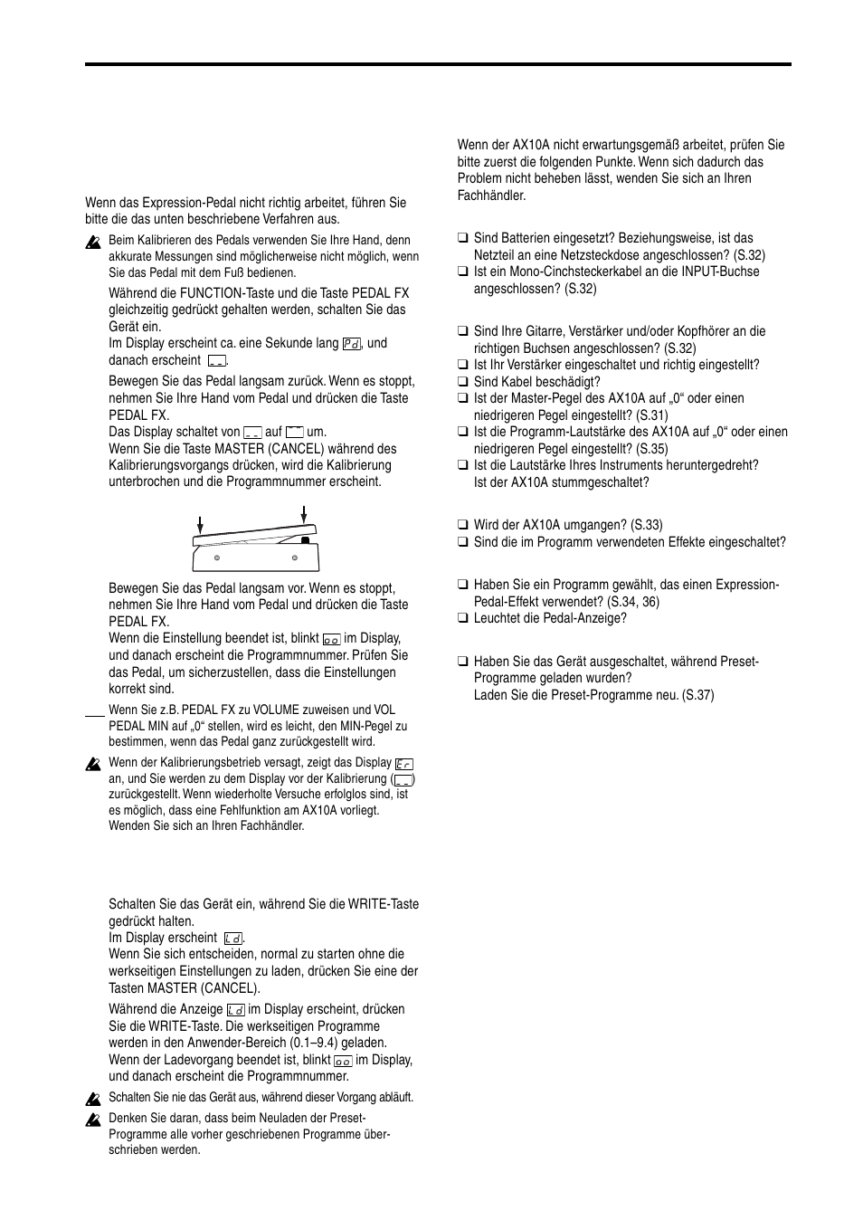 Andere funktionen, Kalibrieren (einstellen) des expression-pedals, Zurückstellen auf werkseitige einstellungen | Störungssuche | KORG AX10A User Manual | Page 36 / 39