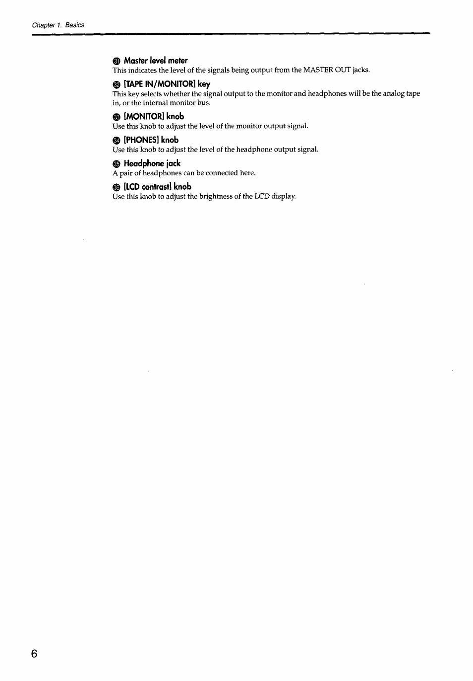 Master level meter, Tape in/monitor] key, Monitor] knob | Phones] knob, Headphone jock, Lcd contrast] knob | KORG Soundlink DRS REcording Console 168RC User Manual | Page 13 / 118
