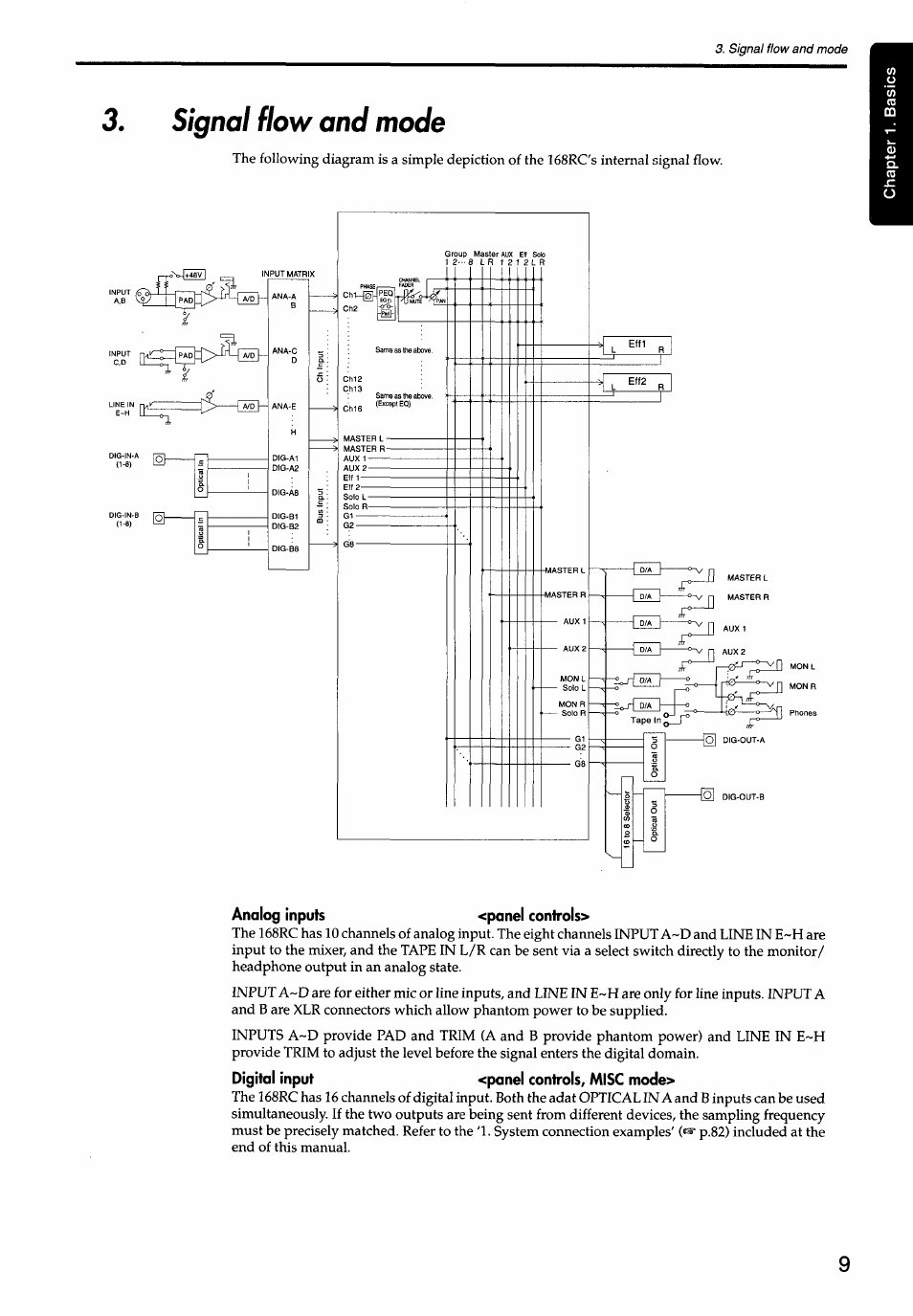 Signal flow and mode, Analog inputs <panel controls, Digital input <panel controls, misc mode | KORG Soundlink DRS REcording Console 168RC User Manual | Page 16 / 118