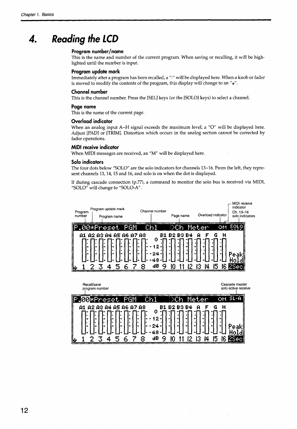 Reading the lcd, Program number/name, Program update mark | Channel number, Overload indicator, Midi receive indicator, Solo indicators, Iii liiijki 11 mj, P.00+preset pgm, Meter | KORG Soundlink DRS REcording Console 168RC User Manual | Page 19 / 118