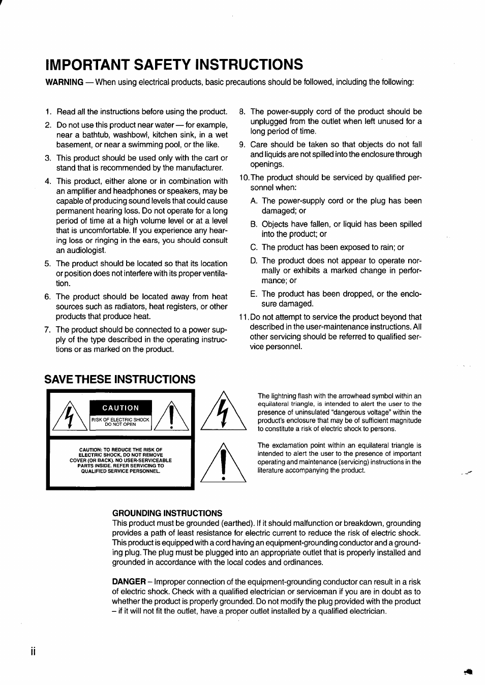 Grounding instructions, Important safety instructions, Save these instructions | KORG Soundlink DRS REcording Console 168RC User Manual | Page 2 / 118