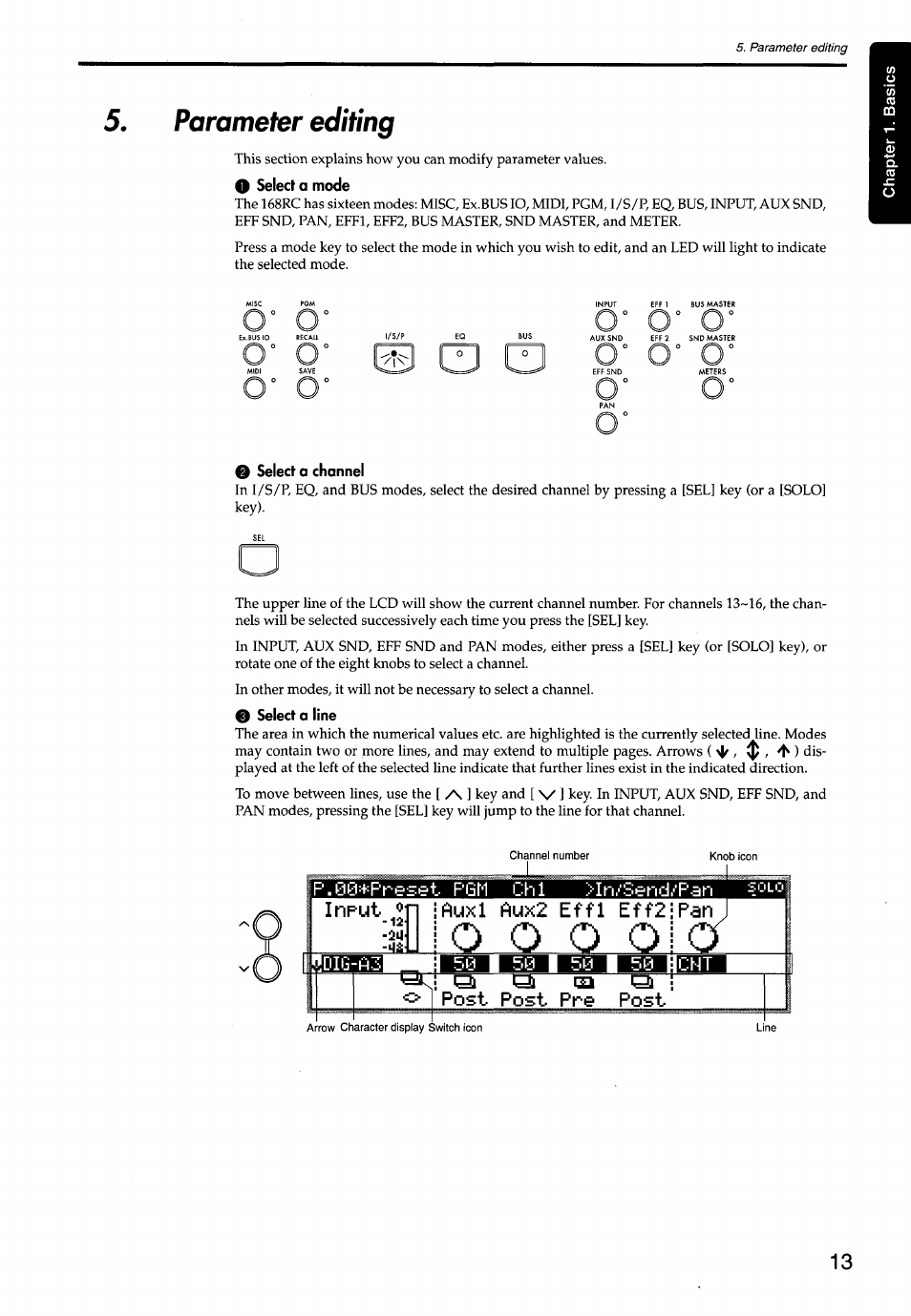 Parameter editing, O select a mode, Q select a channel | 0 select a line, P‘.‘00+prei .. pgm chi >in/send/pan input, Ia -an, Auxl aux2 effl eff2, Ijjinsi eb „ hsb hsa, Icht o ^ ql si tifa post post pre post | KORG Soundlink DRS REcording Console 168RC User Manual | Page 20 / 118