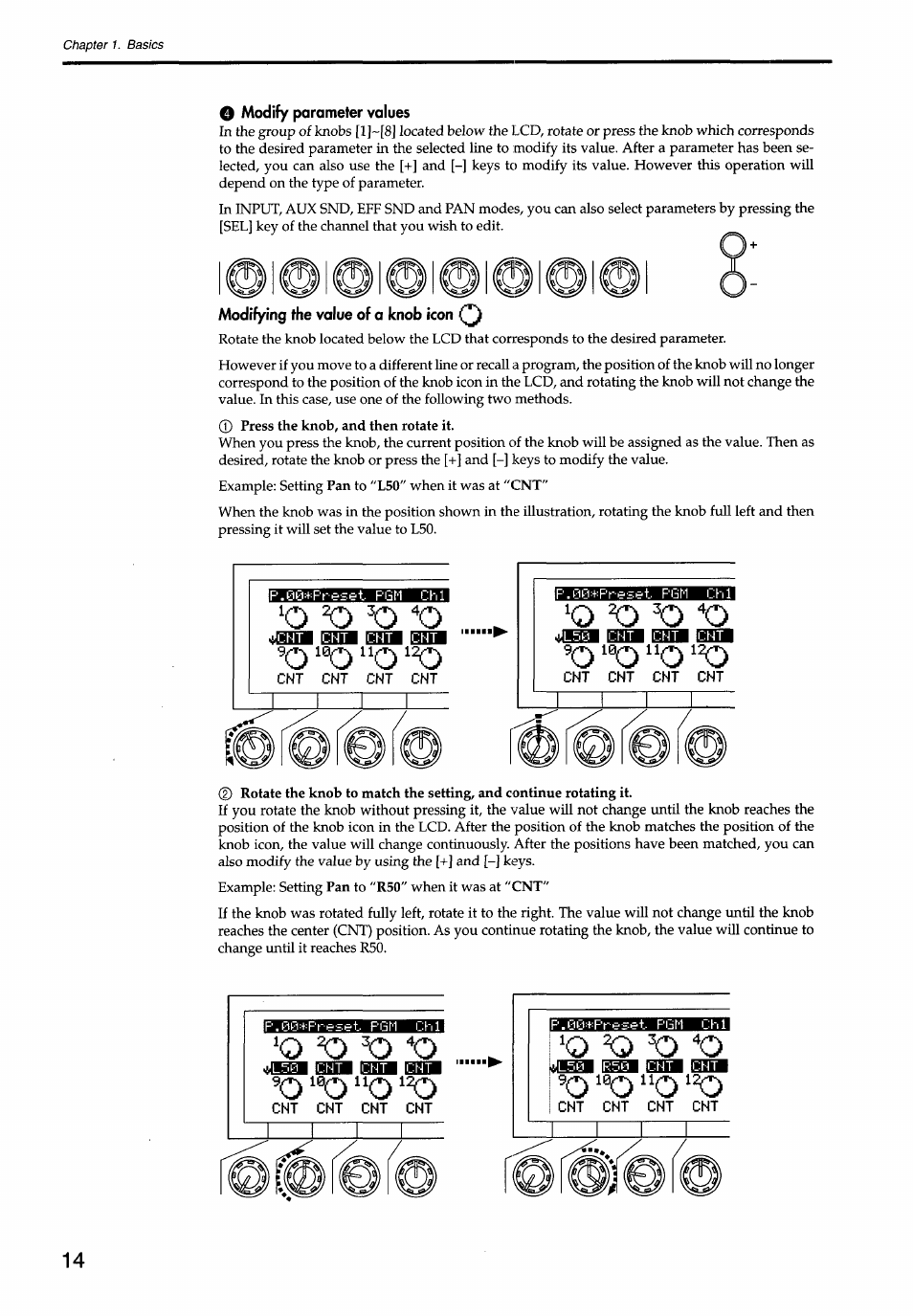 O modify parameter values, Madifying fhe value of a knob icon, Jimsfsm hm ibm hm | KORG Soundlink DRS REcording Console 168RC User Manual | Page 21 / 118