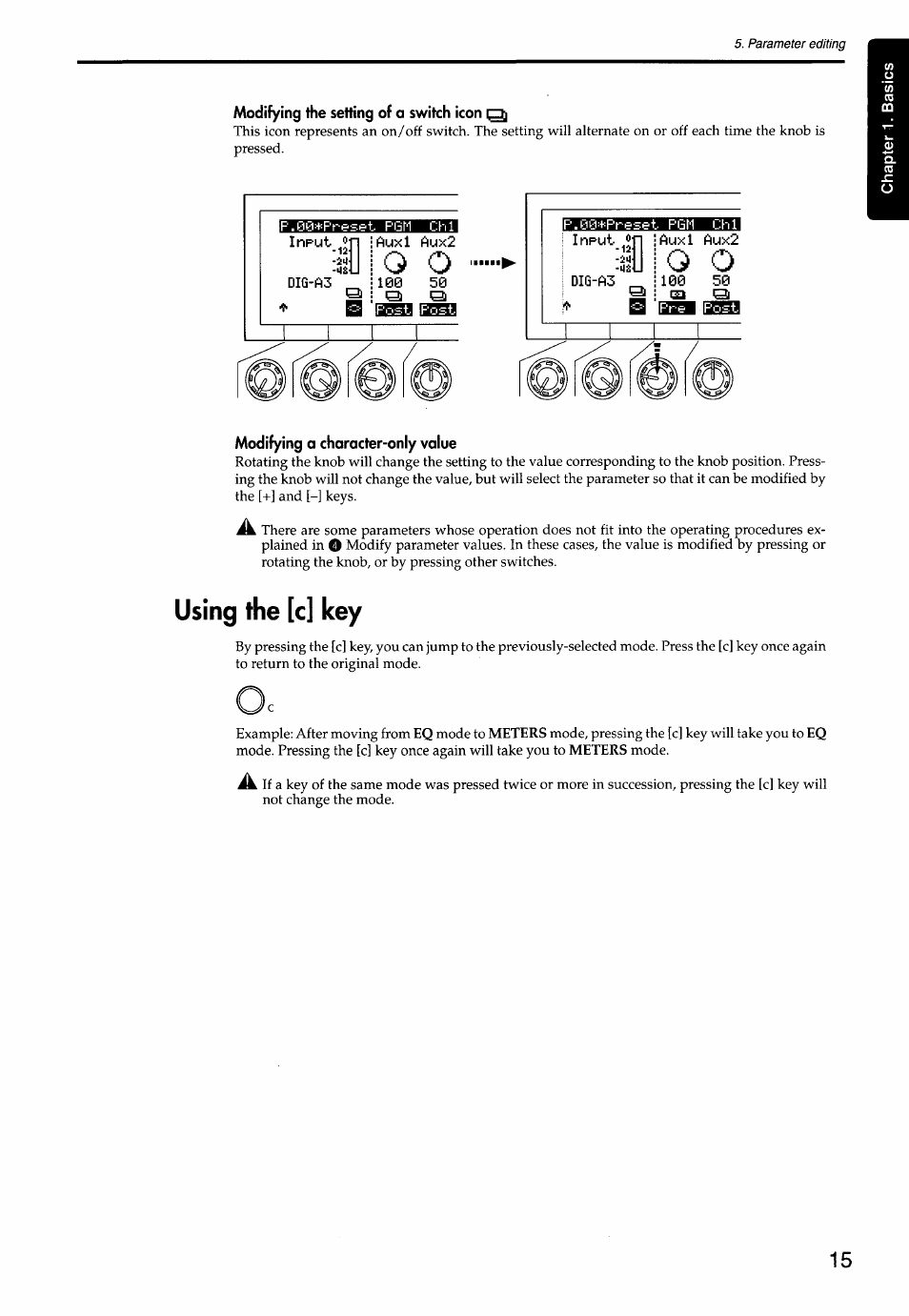 Modifying the setting of a switch icon qj, Modifying 0 character-only value, Using the [c] key | KORG Soundlink DRS REcording Console 168RC User Manual | Page 22 / 118