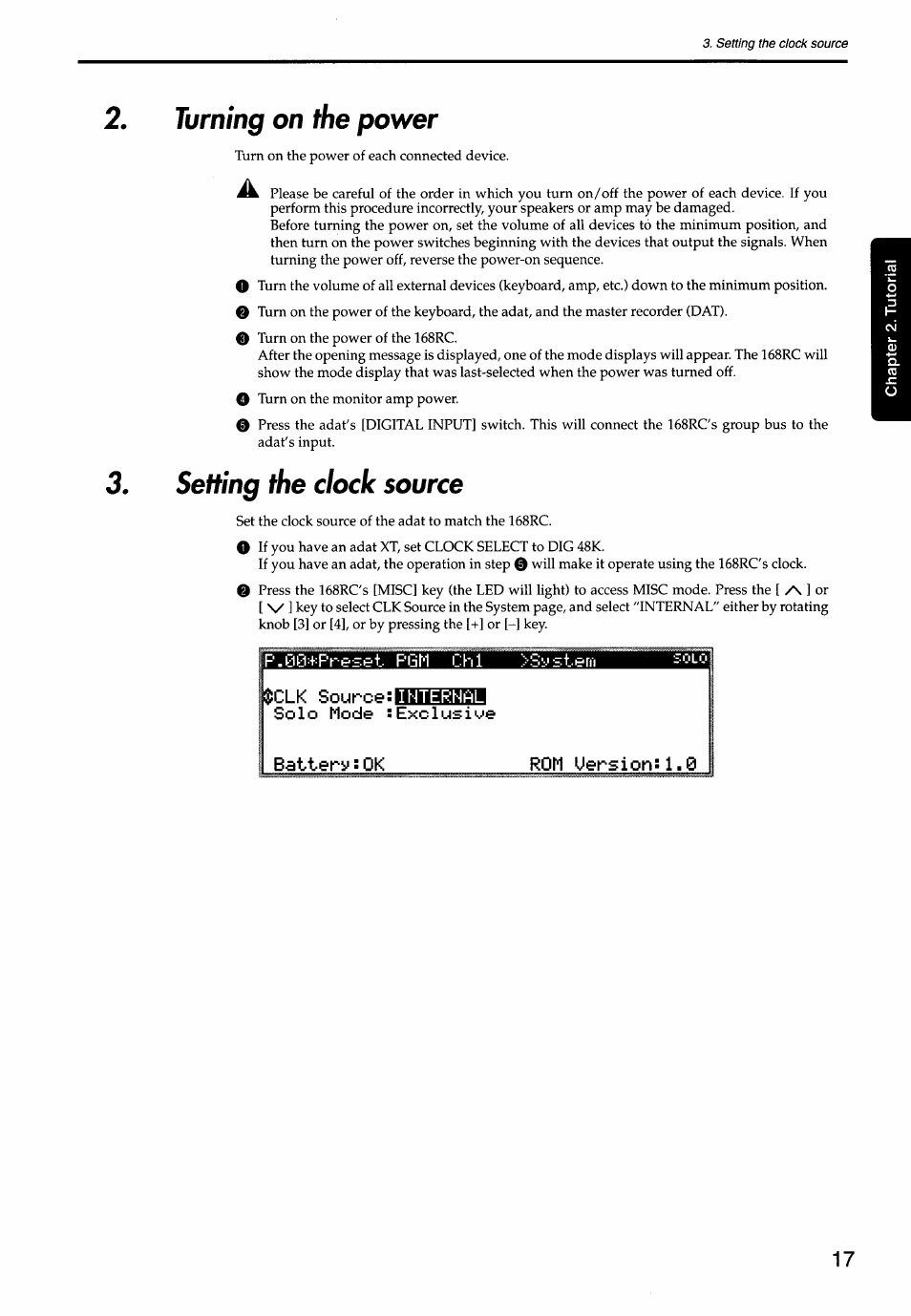 Turning on the power, Setting the clock source, Rom uersion!l.0 | KORG Soundlink DRS REcording Console 168RC User Manual | Page 24 / 118