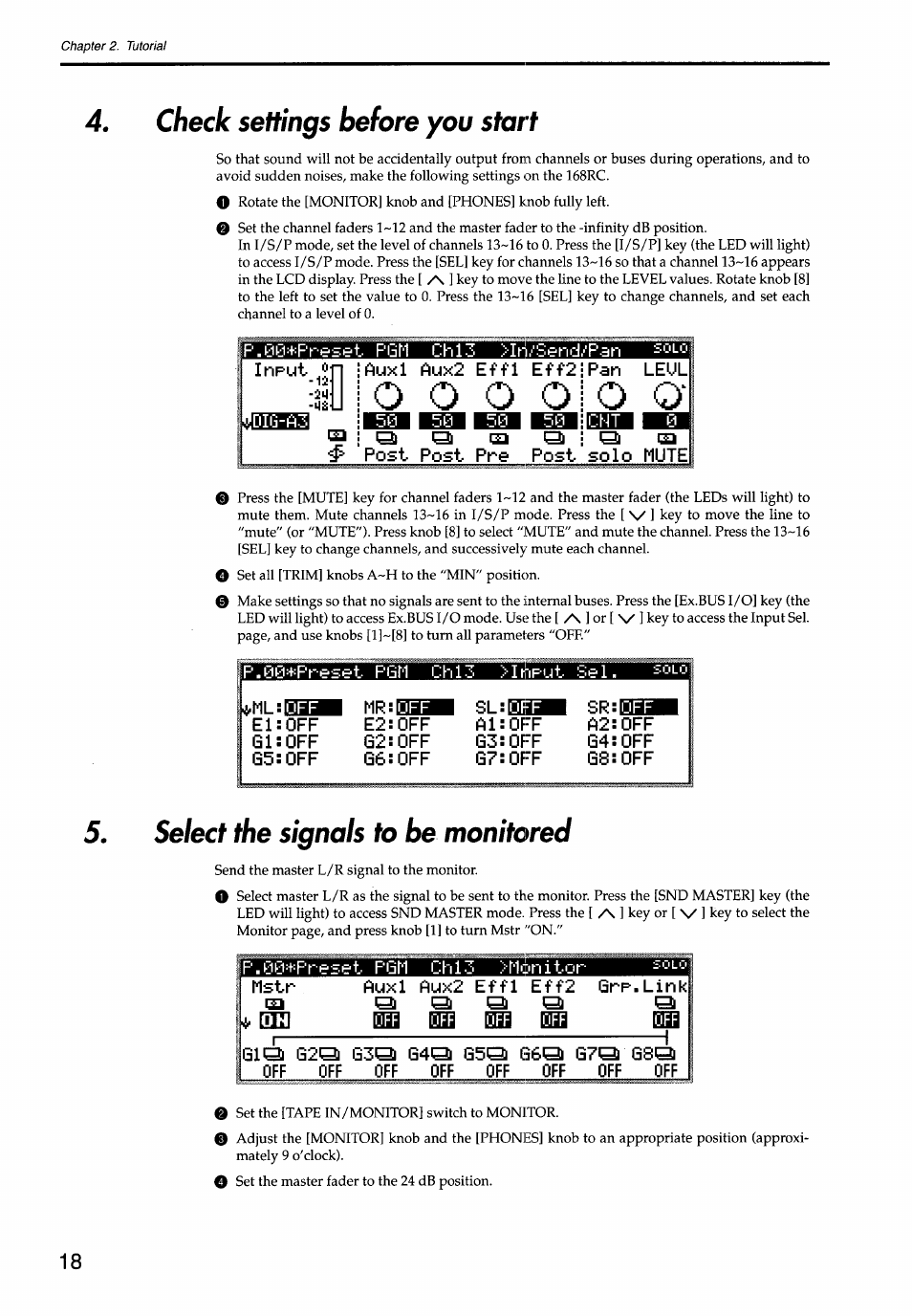 Check settings before you start, Select the signals to be monitored, O o o o | Maa biaa bha nffl, Biaa, Post post pre, Post solo mute, F.00+fr-eset fgm chi- mstr, Grp.link | KORG Soundlink DRS REcording Console 168RC User Manual | Page 25 / 118